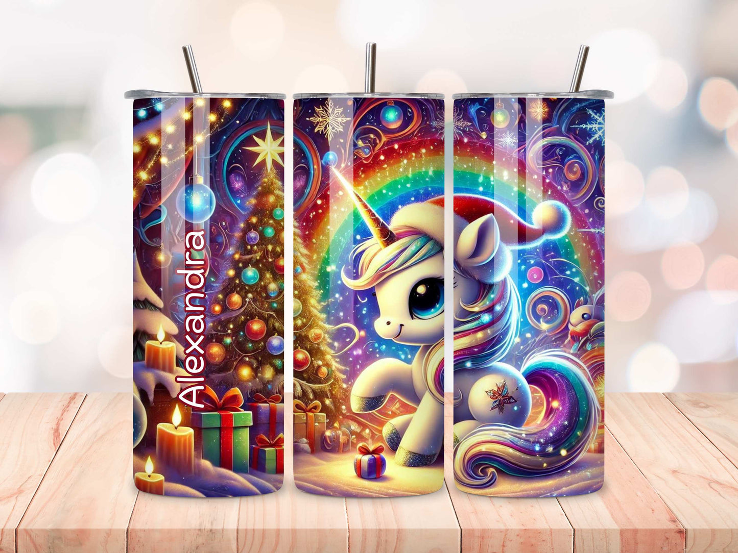 Personalised Unicorn Christmas Tumbler, Festive Kids Drinkware, Stainless Steel Insulated Tumbler with Straw