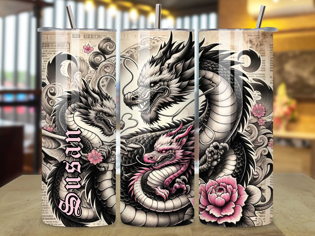 Mother Dragon with Her Children 20oz Tumbler - Black, Pink & White Tattoo Style, Stainless Steel, Personalised Drinkware, Spill-Proof, Hot & Cold