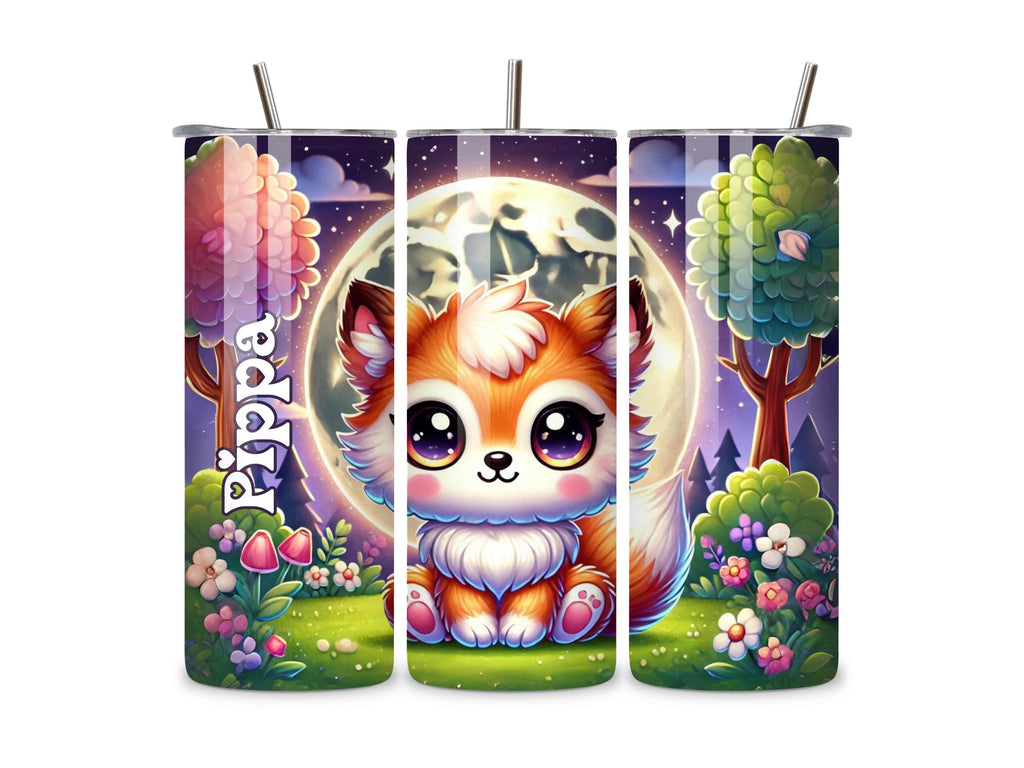 Personalised Kawaii Baby Fox Tumbler - Custom Name, Moon & Forest Background, Cute Kids Drinkware, Stainless Steel, Insulated Travel Cup