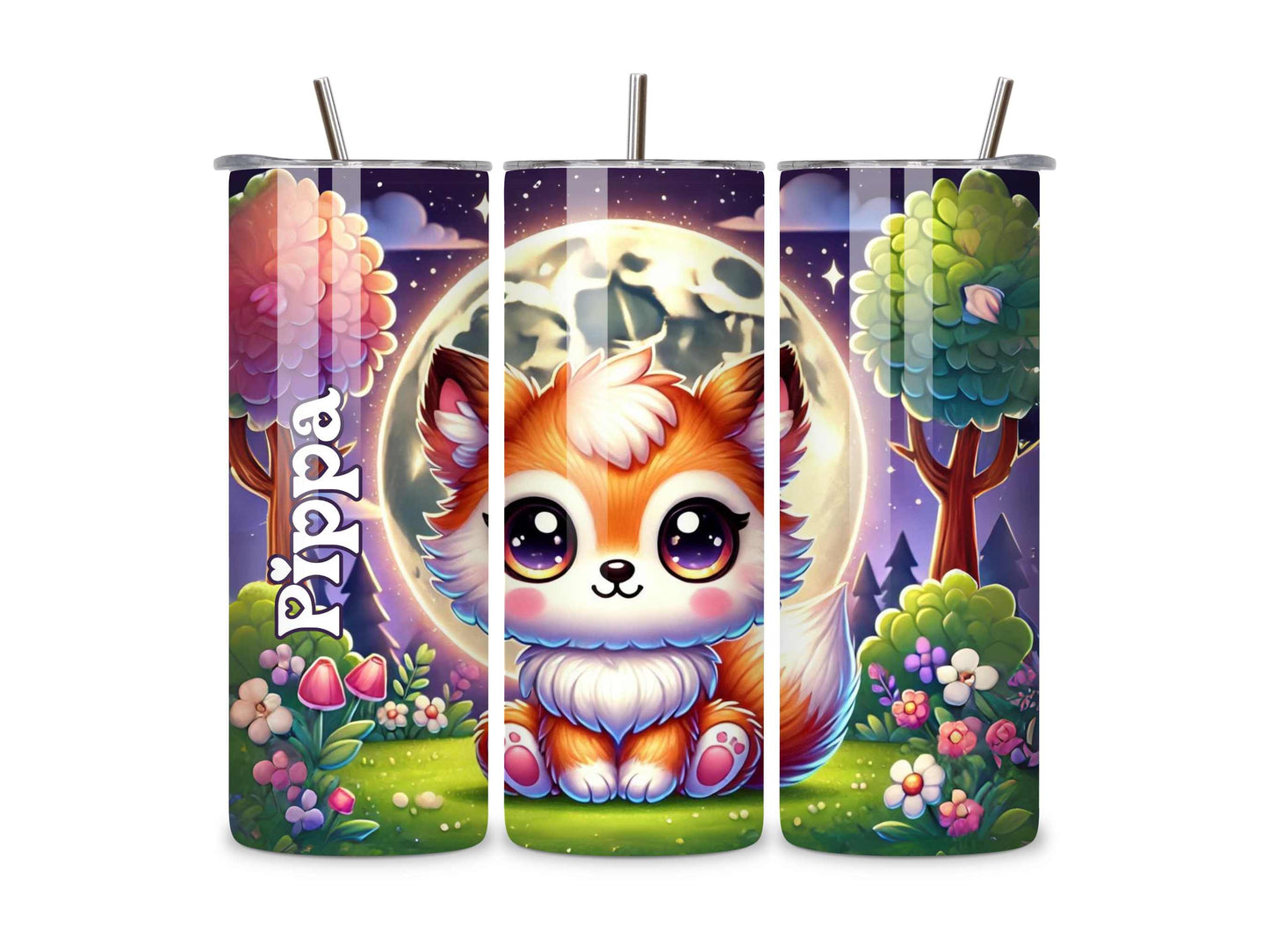 Personalised Kawaii Baby Fox Tumbler - Custom Name, Moon & Forest Background, Cute Kids Drinkware, Stainless Steel, Insulated Travel Cup