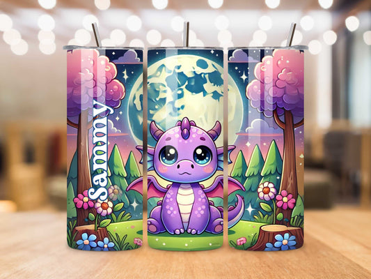 Purple Baby Dragon Tumbler – Custom Name, 20oz Stainless Steel, Keeps Drinks Hot & Cold, Adorable Animal Design