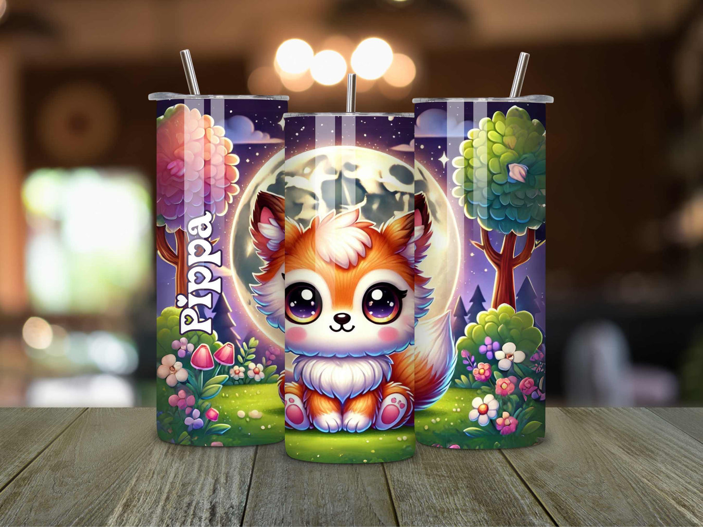 Personalised Kawaii Baby Fox Tumbler - Custom Name, Moon & Forest Background, Cute Kids Drinkware, Stainless Steel, Insulated Travel Cup