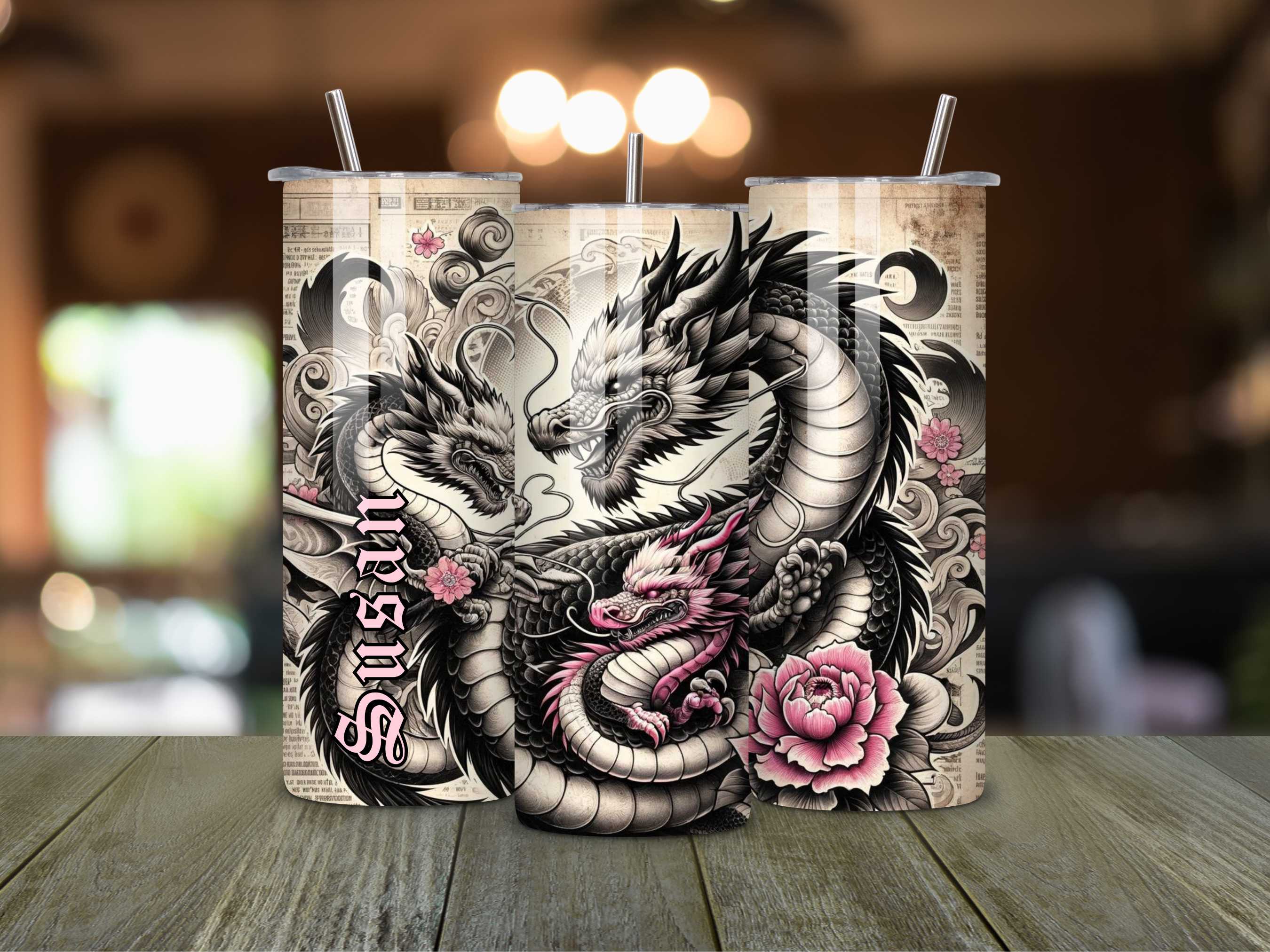 Mother Dragon with Her Children 20oz Tumbler - Black, Pink & White Tattoo Style, Stainless Steel, Personalised Drinkware, Spill-Proof, Hot & Cold