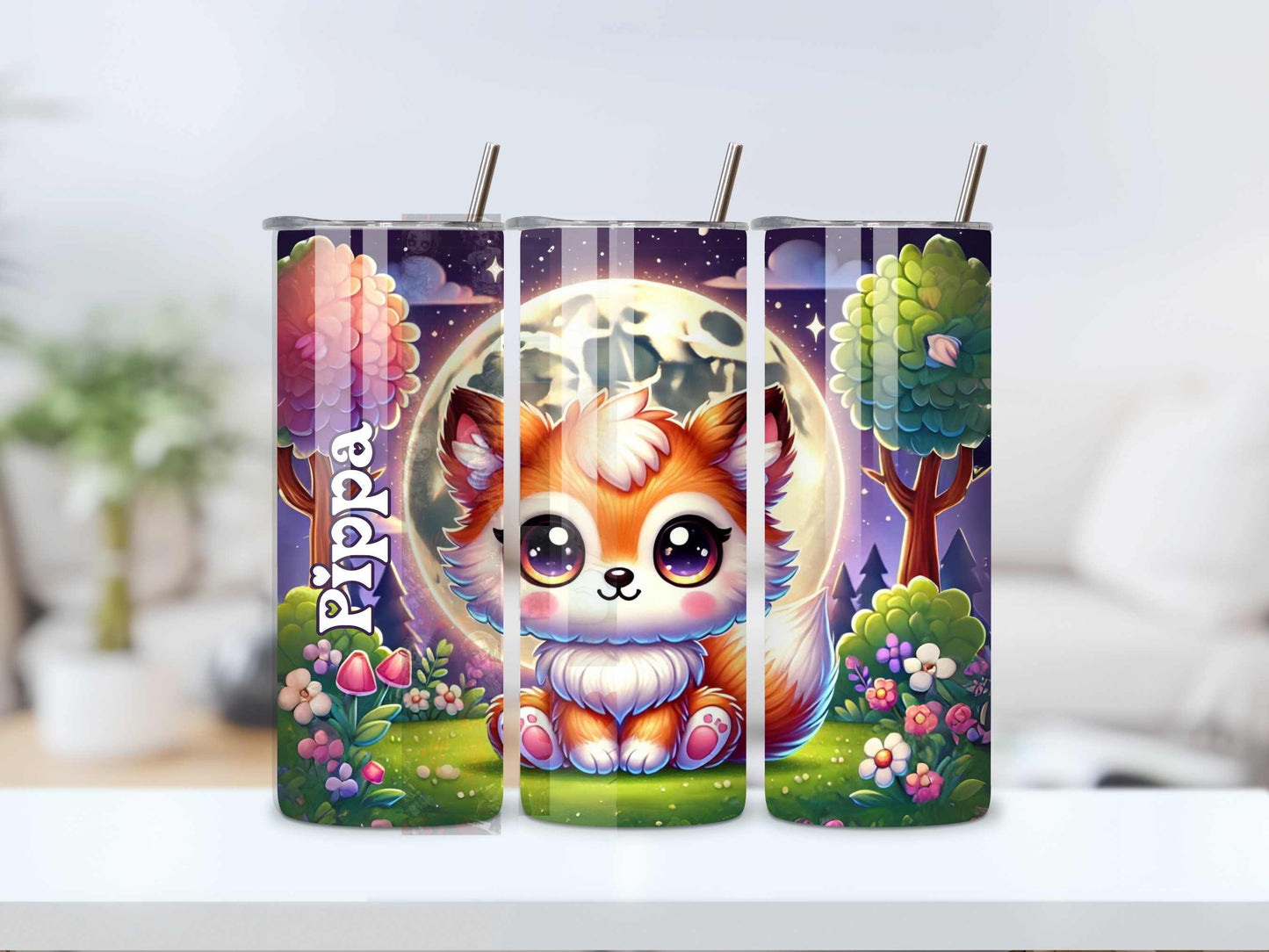 Personalised Kawaii Baby Fox Tumbler - Custom Name, Moon & Forest Background, Cute Kids Drinkware, Stainless Steel, Insulated Travel Cup