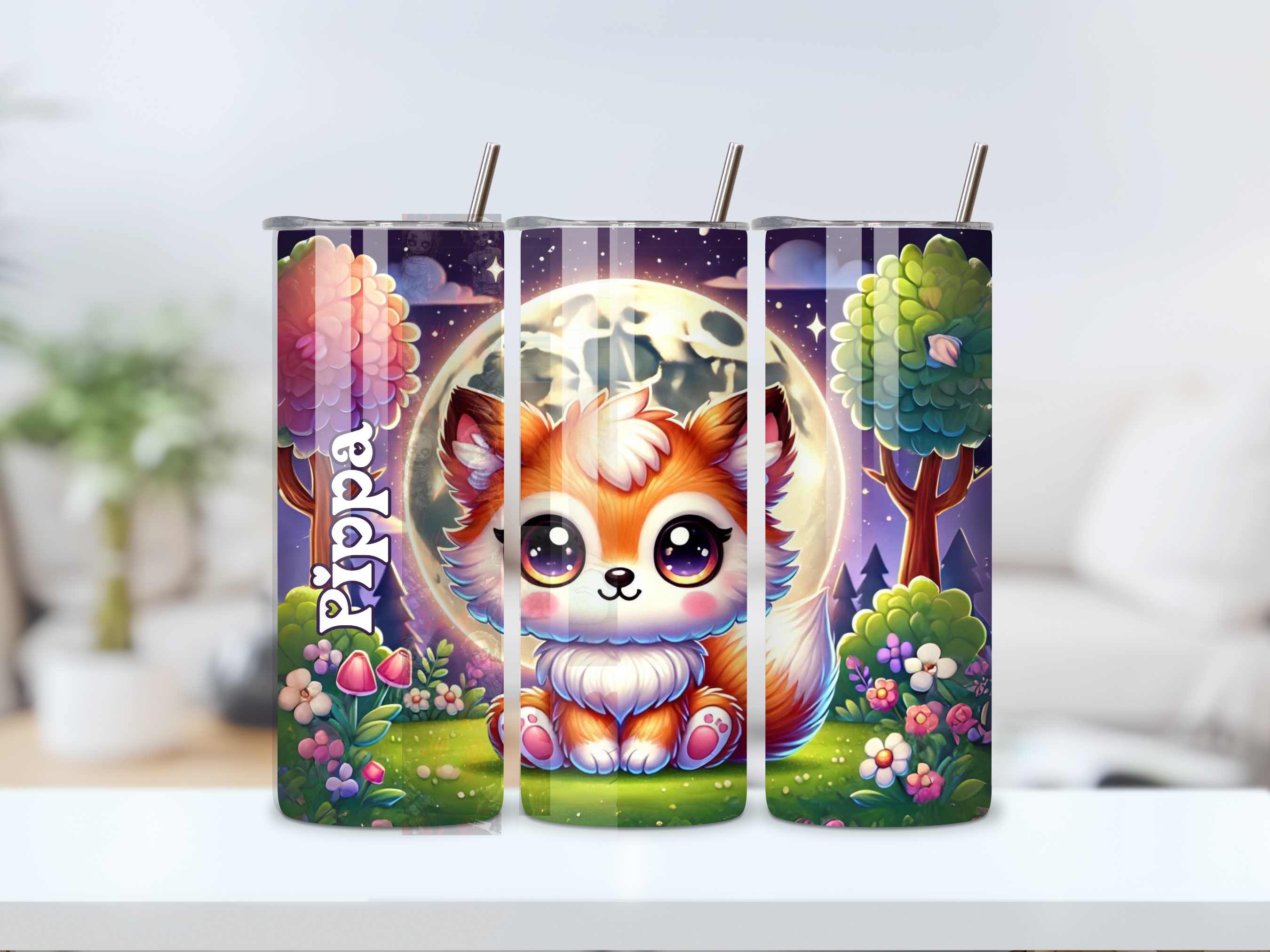 Personalised Kawaii Baby Fox Tumbler - Custom Name, Moon & Forest Background, Cute Kids Drinkware, Stainless Steel, Insulated Travel Cup