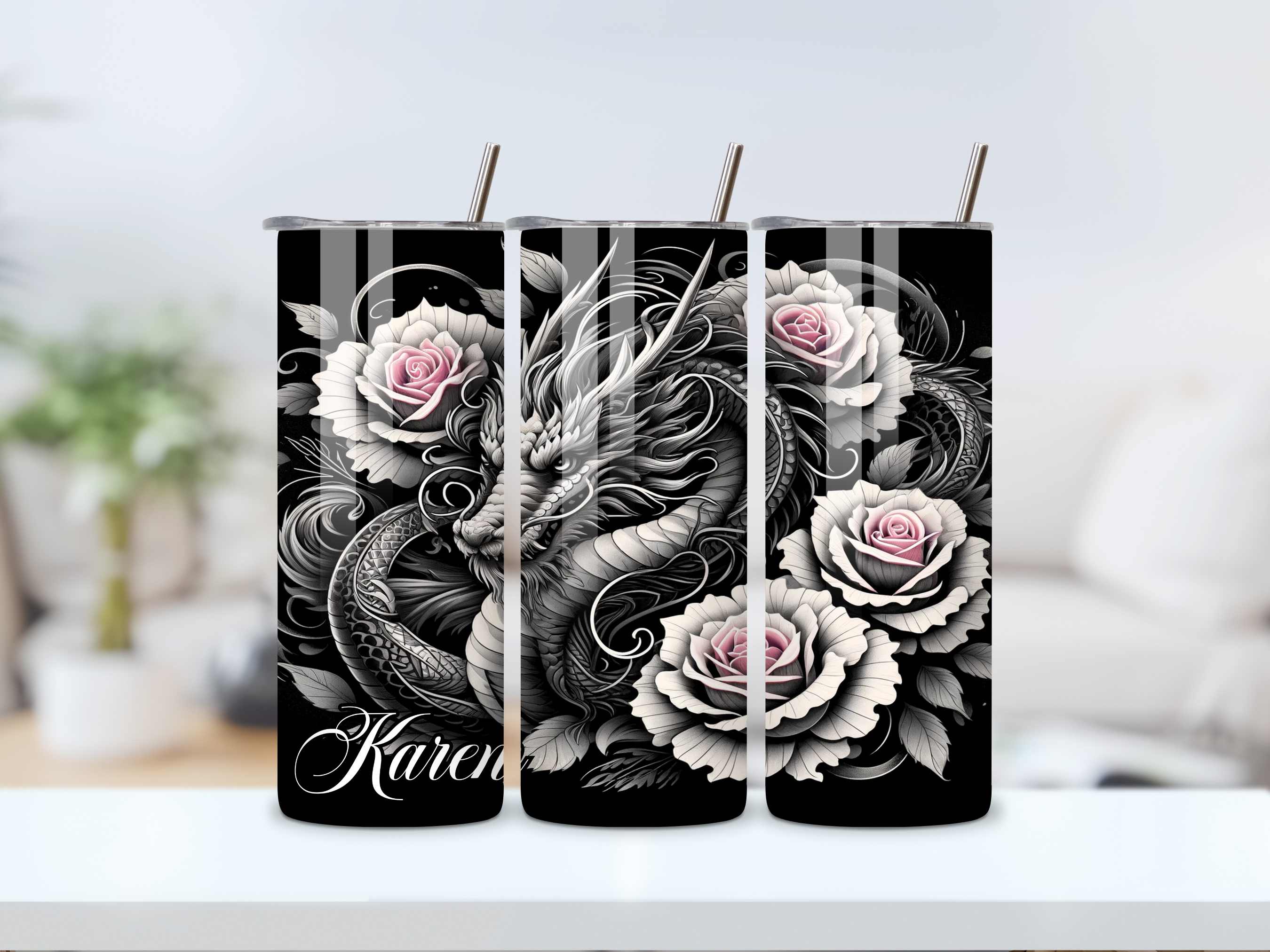 Dragon and Roses Tumbler - Custom Name 20oz Stainless Steel Tumbler