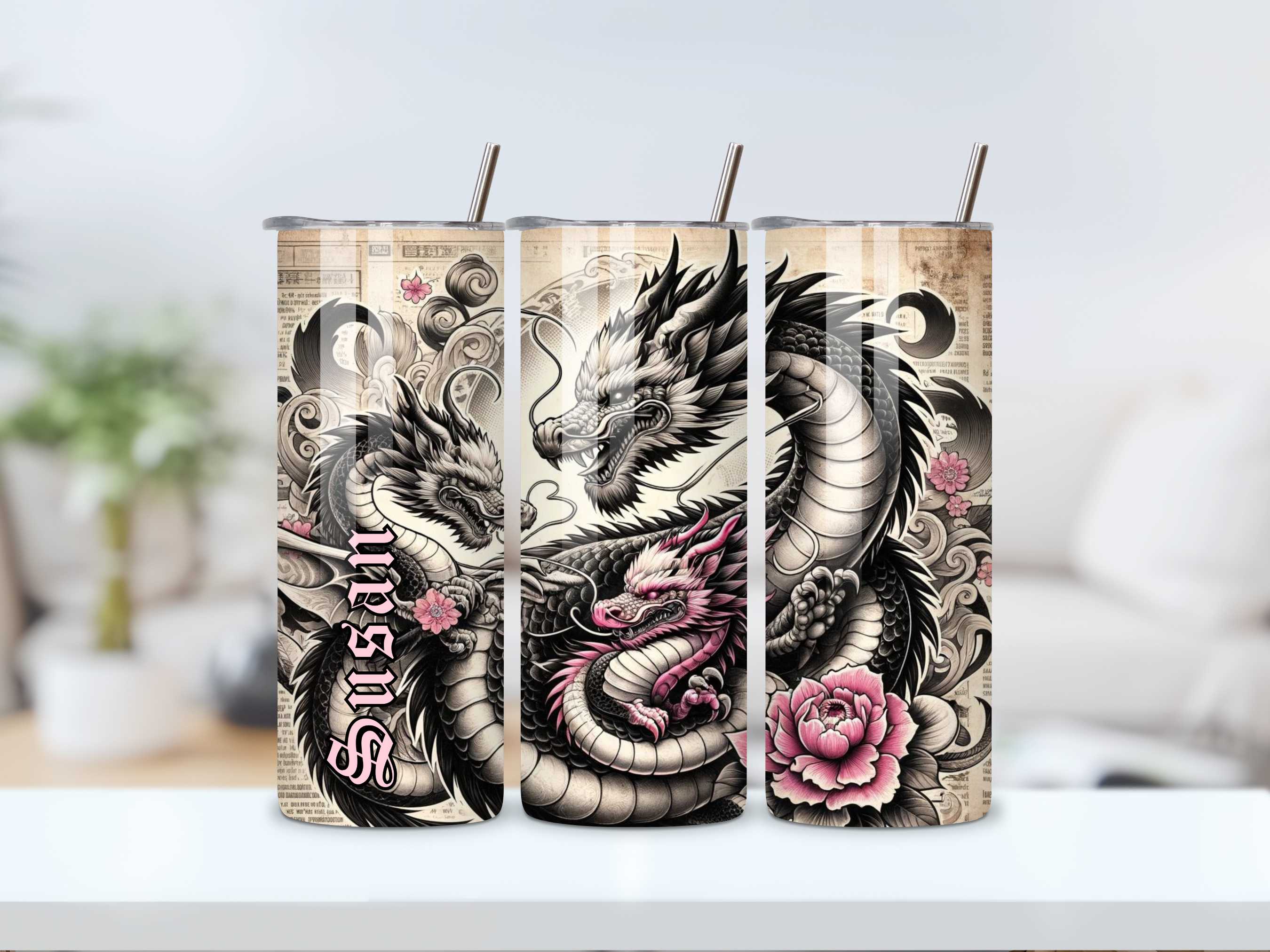Mother Dragon with Her Children 20oz Tumbler - Black, Pink & White Tattoo Style, Stainless Steel, Personalised Drinkware, Spill-Proof, Hot & Cold