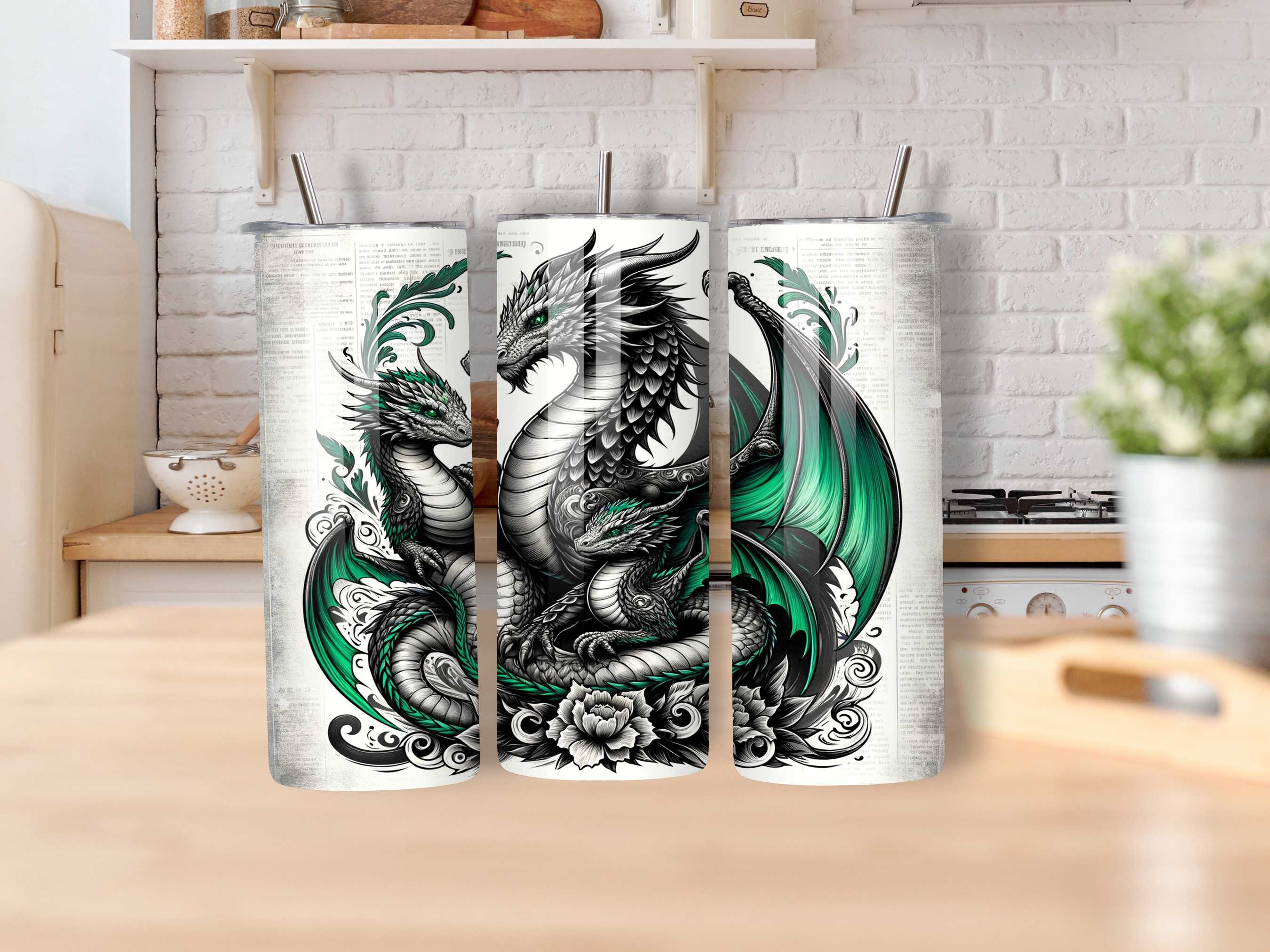 Mummy Dragon with Her Children 20oz Tumbler - Emerald Green, Tattoo Style, Stainless Steel, Spill-Proof, Hot & Cold Drinkware