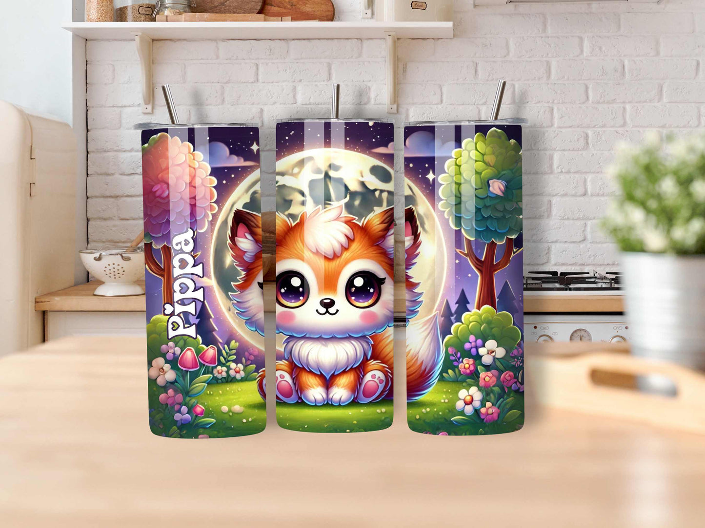 Personalised Kawaii Baby Fox Tumbler - Custom Name, Moon & Forest Background, Cute Kids Drinkware, Stainless Steel, Insulated Travel Cup