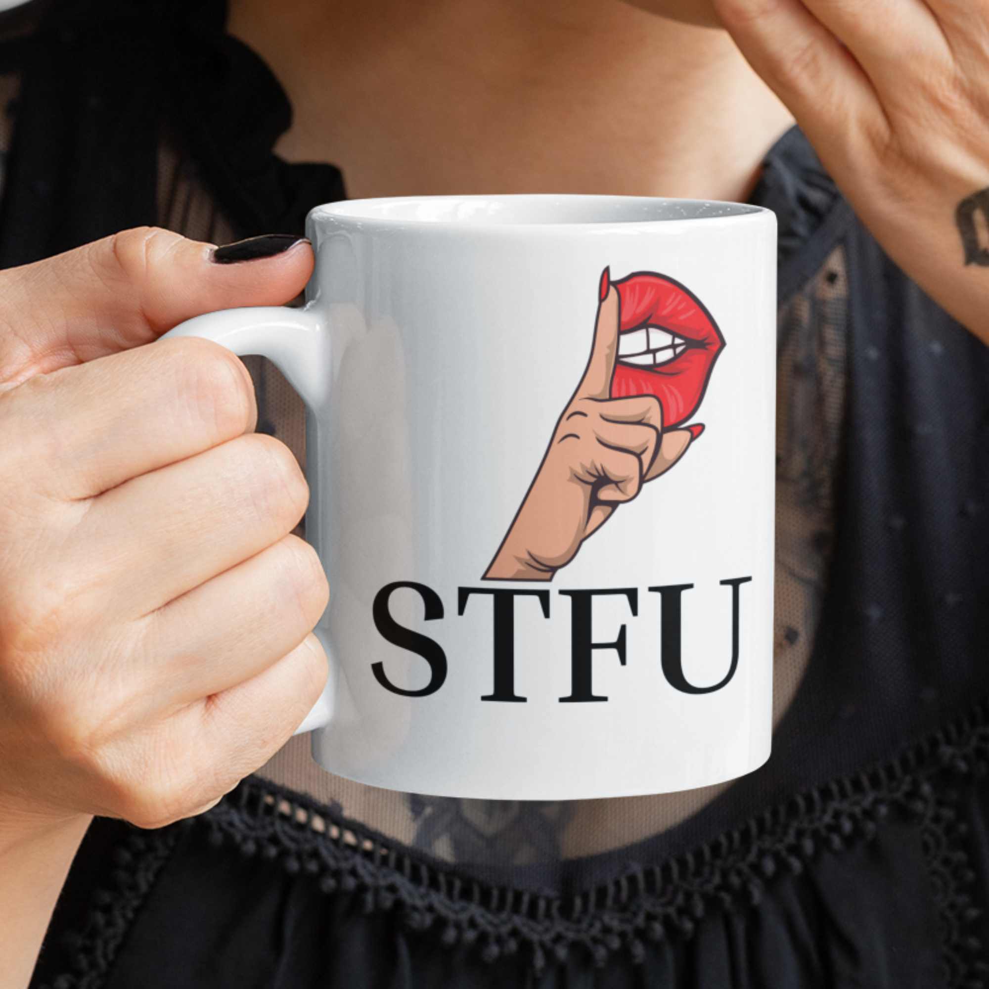 STFU finger lips funny rude coffee mug 11oz
