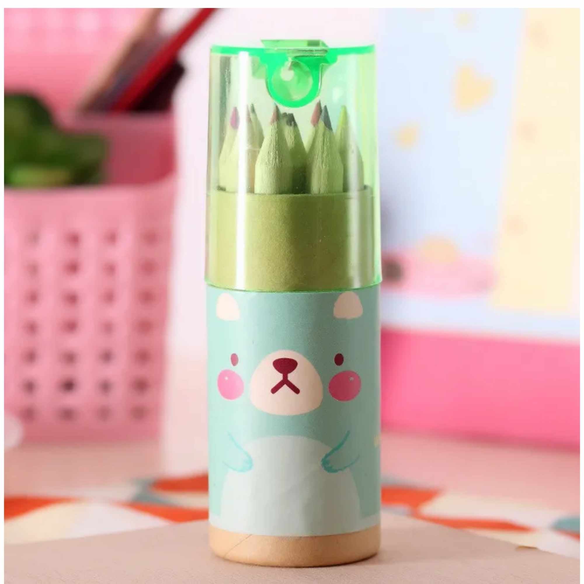 Animal Mini Colour Pencil Set with built in Sharpener | 12 Colour Pencils for Kids | Fits Inside Mugs | Perfect Party Favours & Creative Gifts
