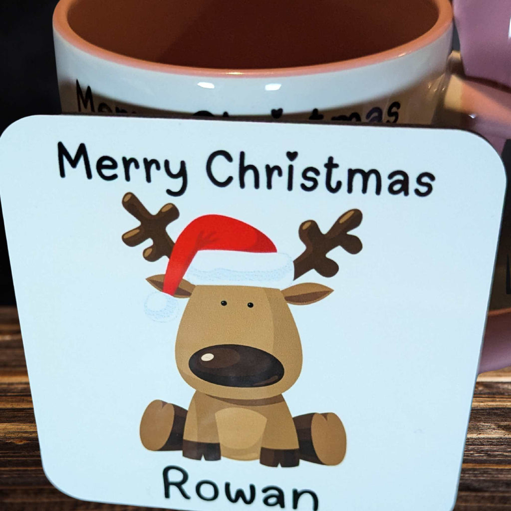 Reindeer Mug & Coaster Set with Custom Name – Pink Ceramic Mug with Matching Spoon 🎅 Perfect Festive Gift for Hot Chocolate, Coffee, & Tea Lovers This Christmas 🎄 Stocking Filler, Secret Santa, Christmas Morning