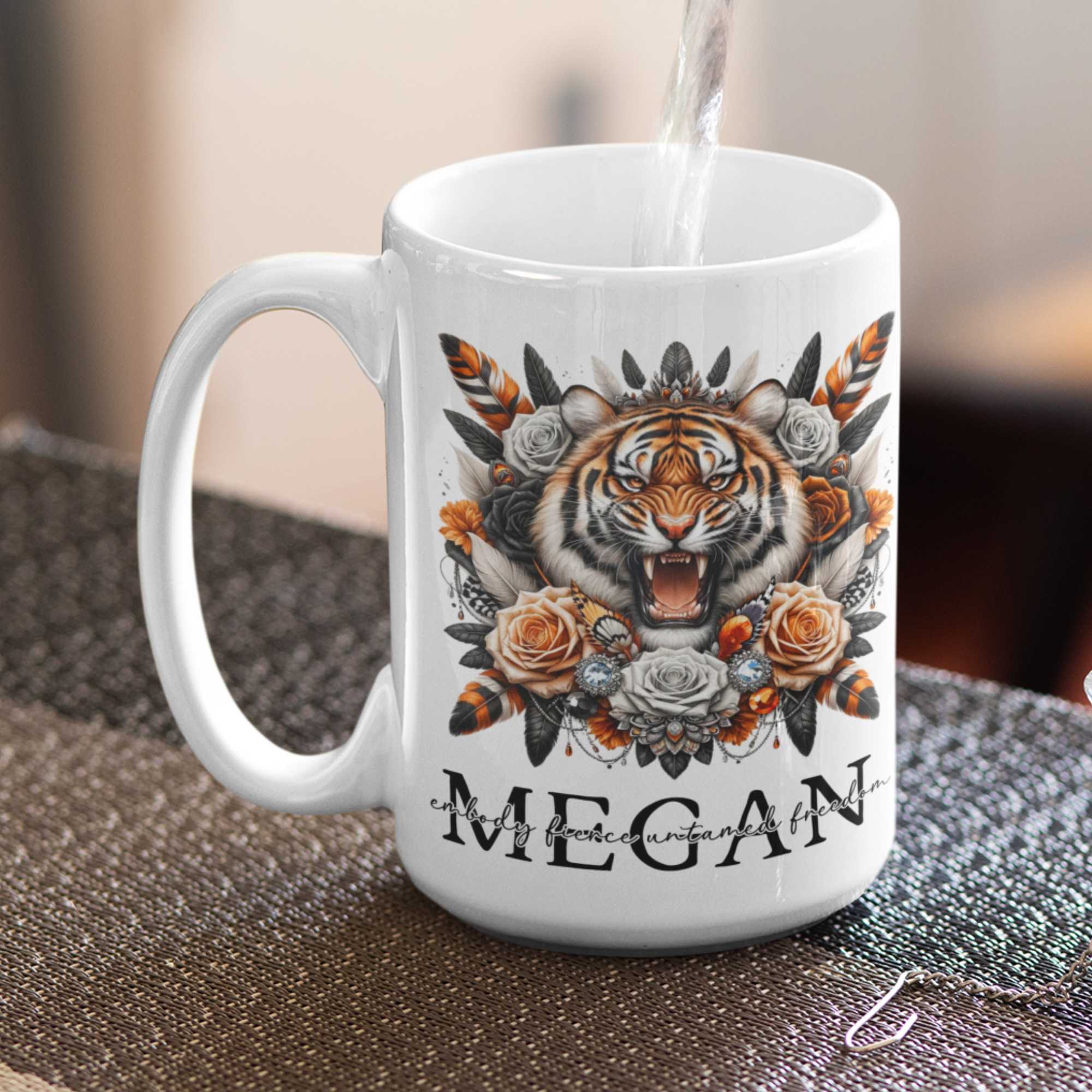 Wild Tiger Floral Drinkware Collection: Personalised Mugs in 11oz/15oz, 20oz Insulated Tumblers, MDF Coasters - Exotic Gifts for Wildlife Enthusiasts