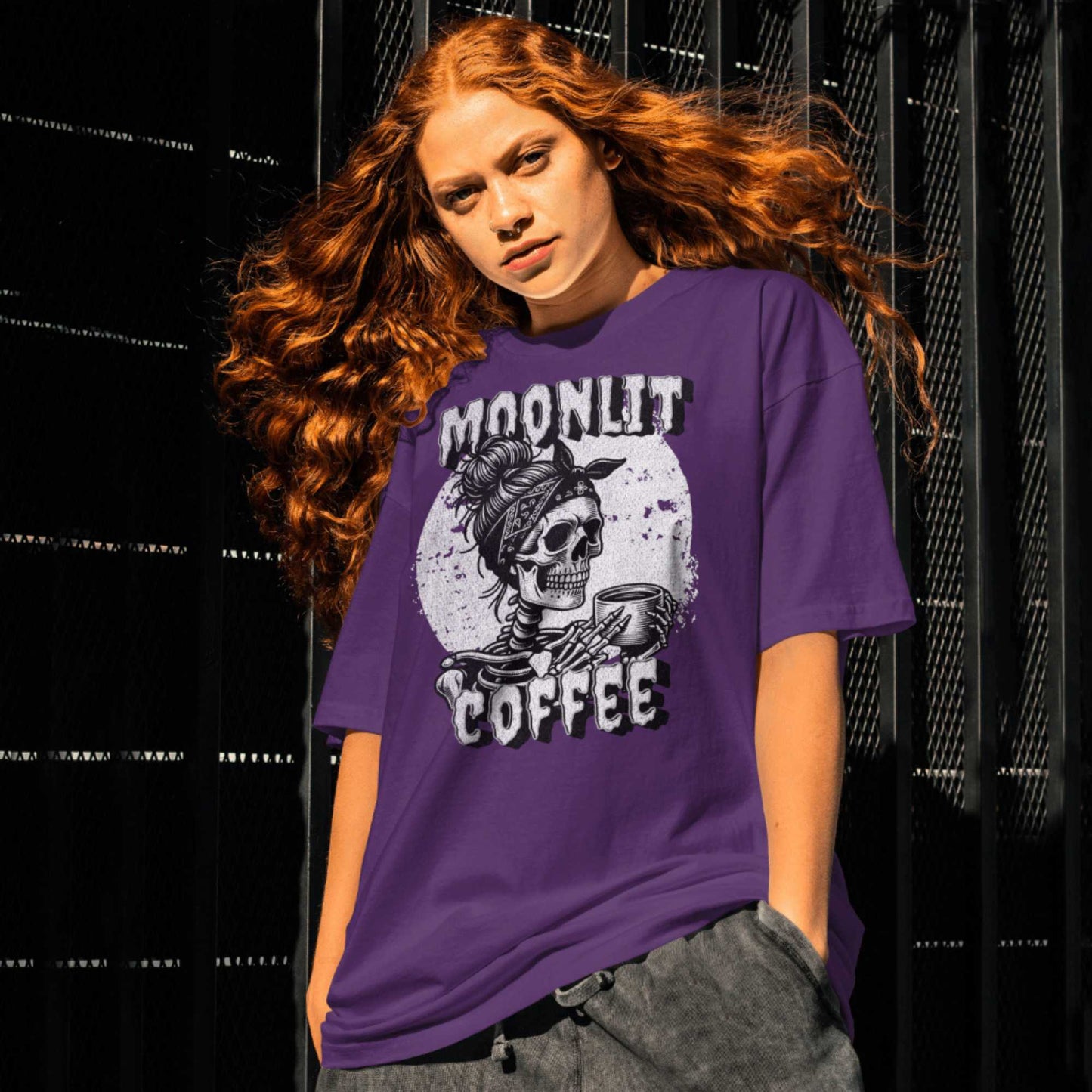 Moonlit Coffee Skeleton T-Shirt | Spooky Coffee Lover Tee | Gothic Women's Shirt | Halloween Gift | Unisex Sizes S-5XL | Quirky Skull Fashion