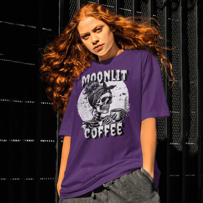 Moonlit Coffee Skeleton T-Shirt | Spooky Coffee Lover Tee | Gothic Women's Shirt | Halloween Gift | Unisex Sizes S-5XL | Quirky Skull Fashion