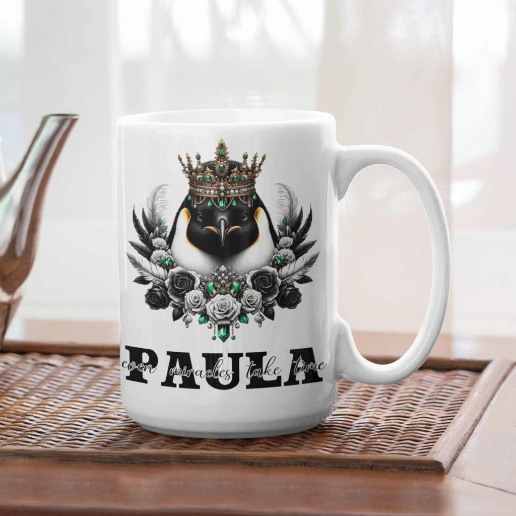 Regal Penguin Crowned Drinkware: Personalized 11oz/15oz Mugs, 20oz Insulated Tumblers, Elegant Coasters - Timeless Gifts for Animal Lovers