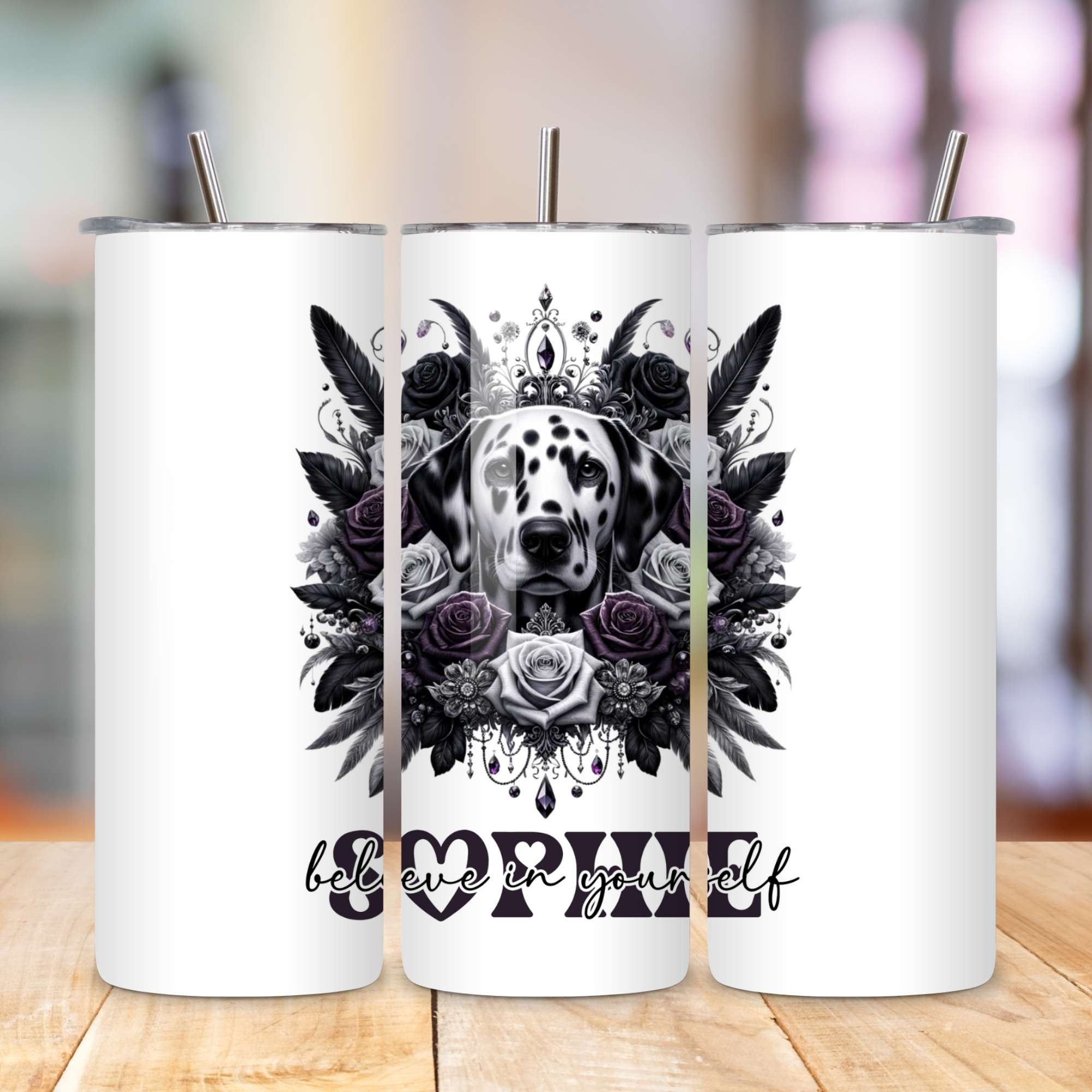 Dalmatian Dog Mug & Tumbler | 'Believe in Yourself' Inspirational Quote | Custom Name Drinkware, 11oz/15oz Mugs, Coasters
