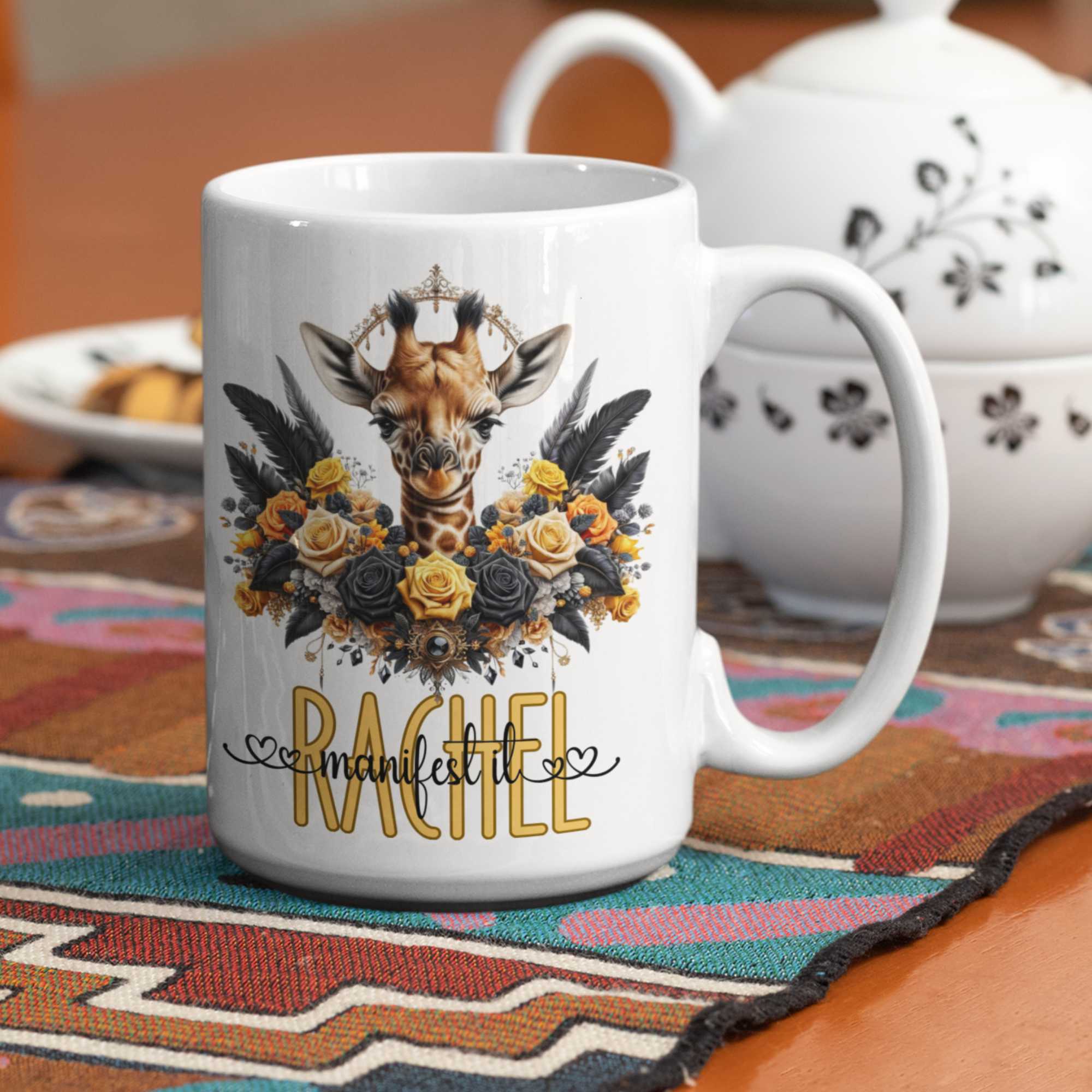 Custom 'Manifest It' Giraffe Mug & Tumbler Set | Inspirational Drinkware | 11oz/15oz Mugs with Colour Options, 20oz Tumbler, Coaster