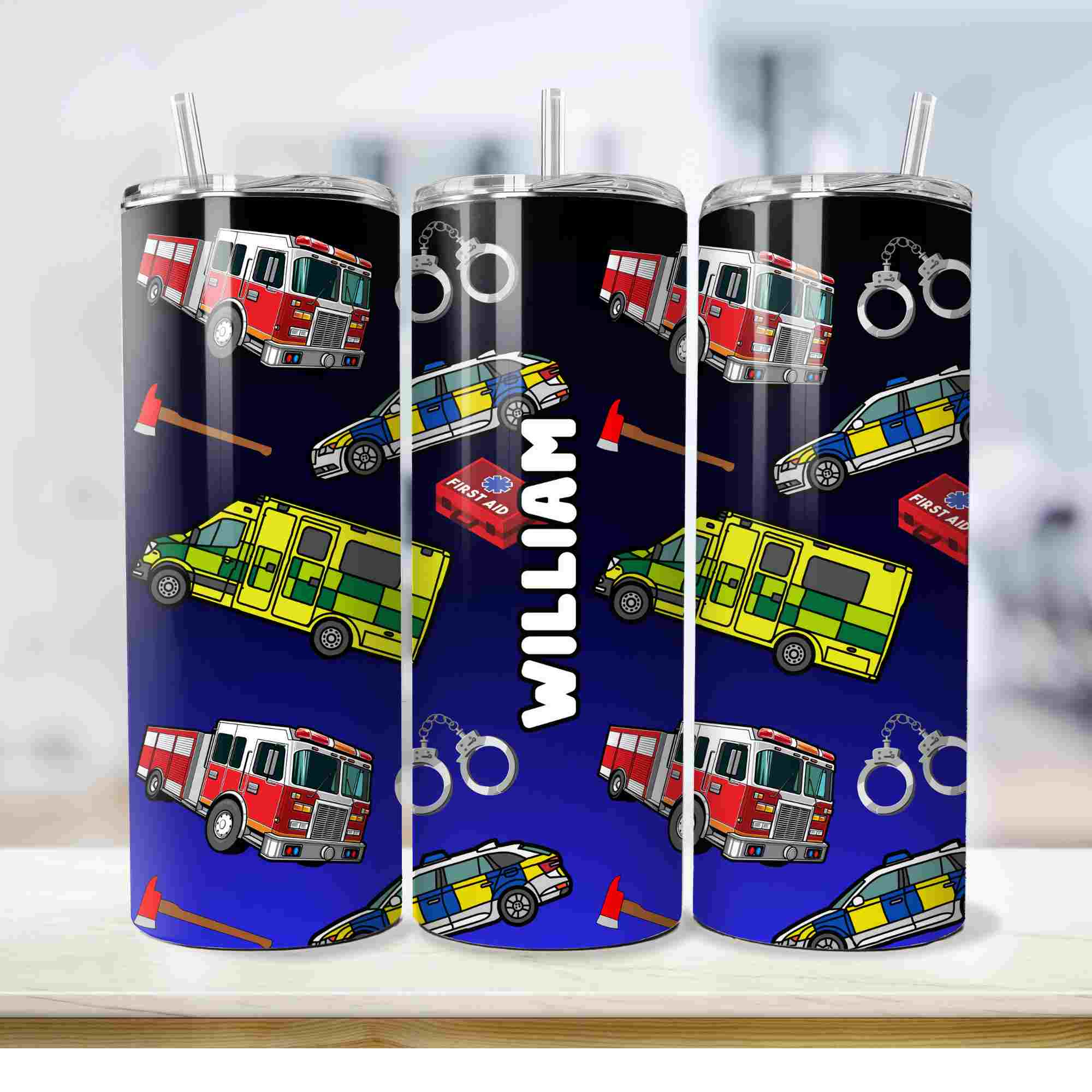 Emergency services police car fire engine ambulance tumbler personalised with any name