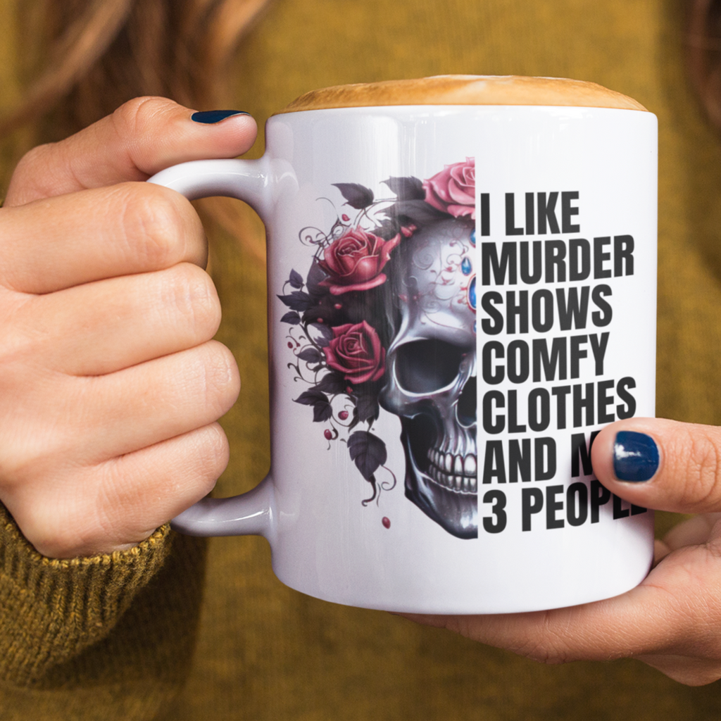 Murder shows and comfy clothes skull and roses documentary mug