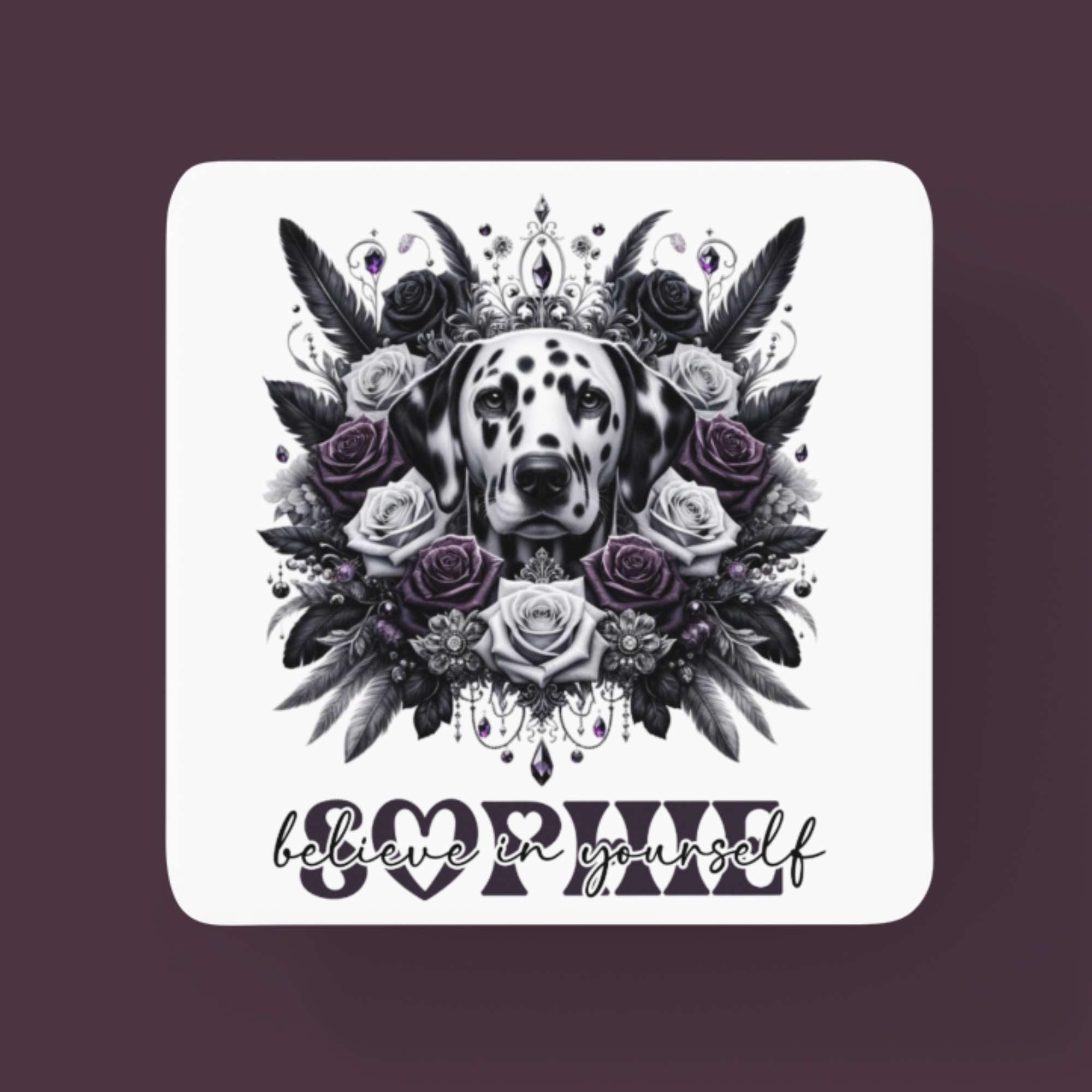 Dalmatian Dog Mug & Tumbler | 'Believe in Yourself' Inspirational Quote | Custom Name Drinkware, 11oz/15oz Mugs, Coasters