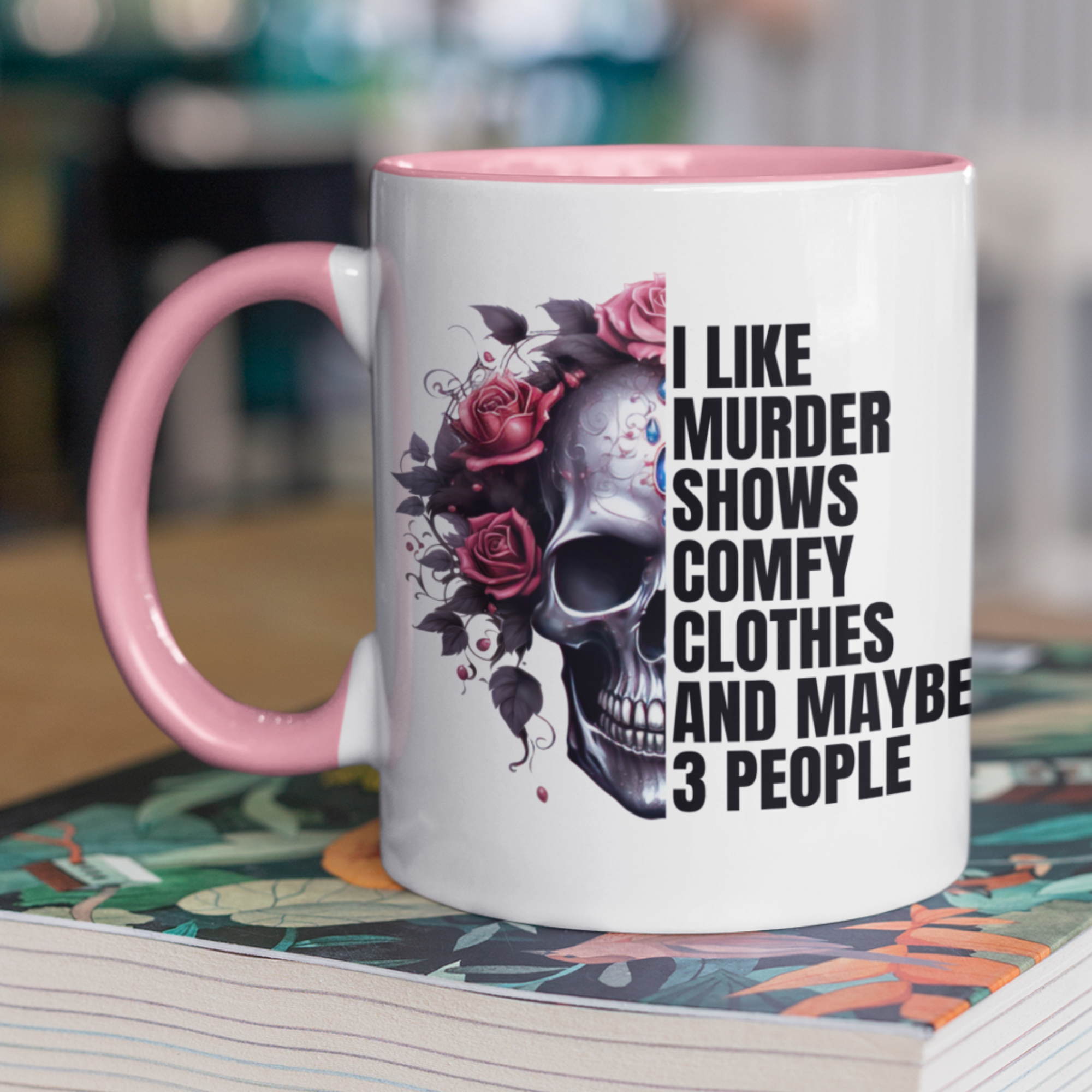 Murder shows and comfy clothes skull and roses documentary mug