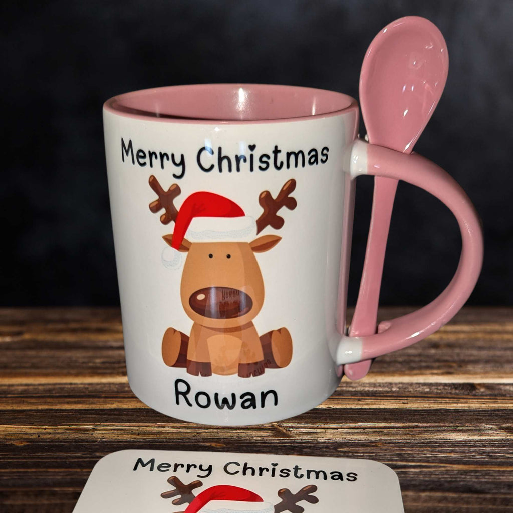Reindeer Mug & Coaster Set with Custom Name – Pink Ceramic Mug with Matching Spoon 🎅 Perfect Festive Gift for Hot Chocolate, Coffee, & Tea Lovers This Christmas 🎄 Stocking Filler, Secret Santa, Christmas Morning