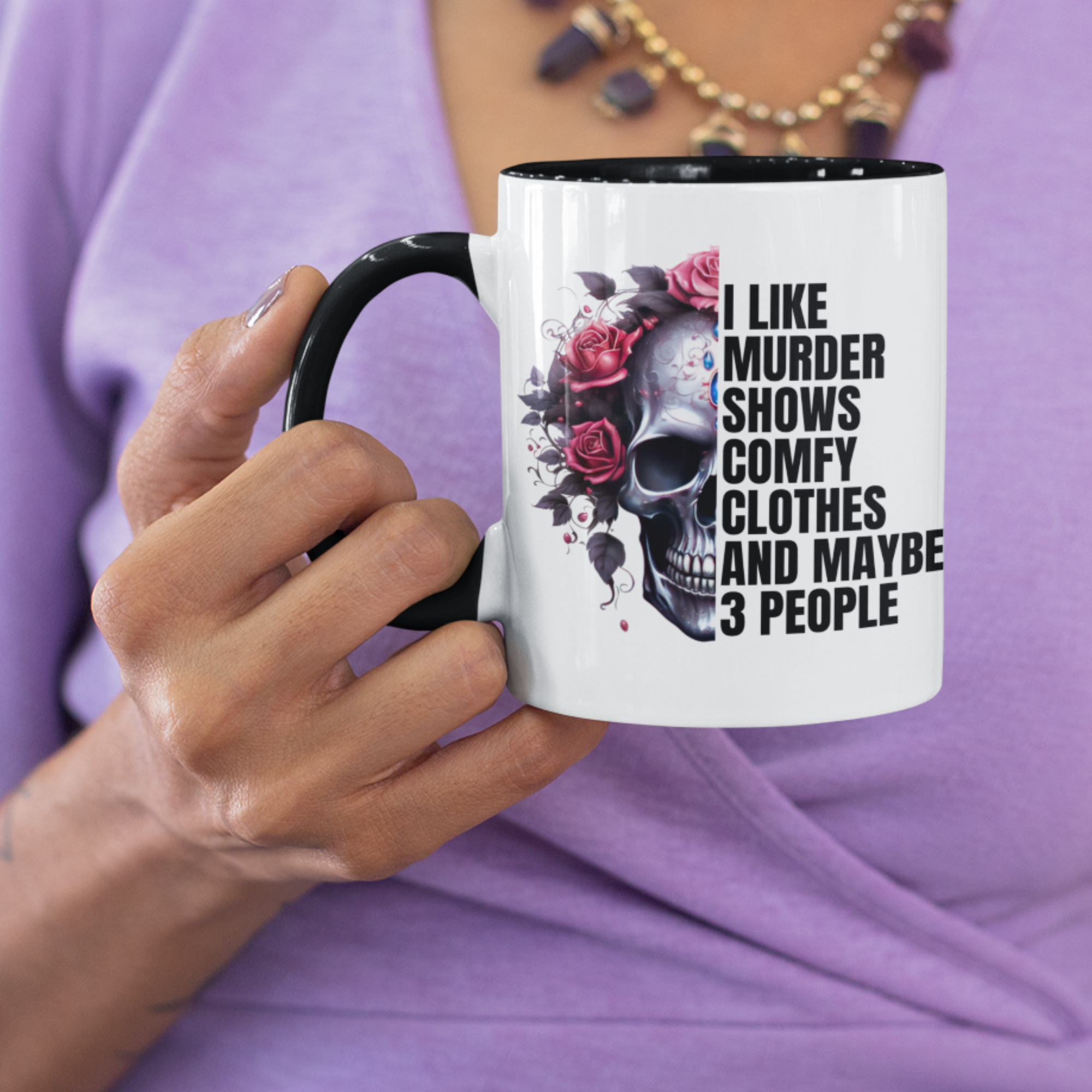 Murder shows and comfy clothes skull and roses documentary mug