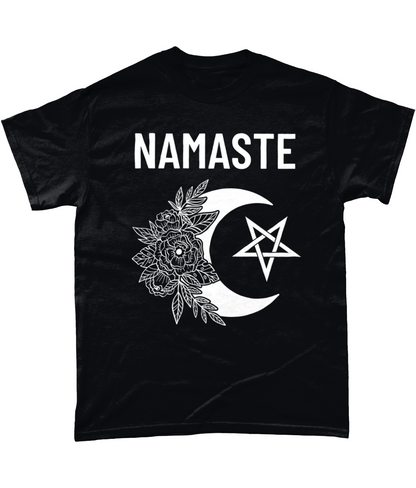 Namaste Cotton T-Shirt Pagan Clothing with moon, flowers and pentagram