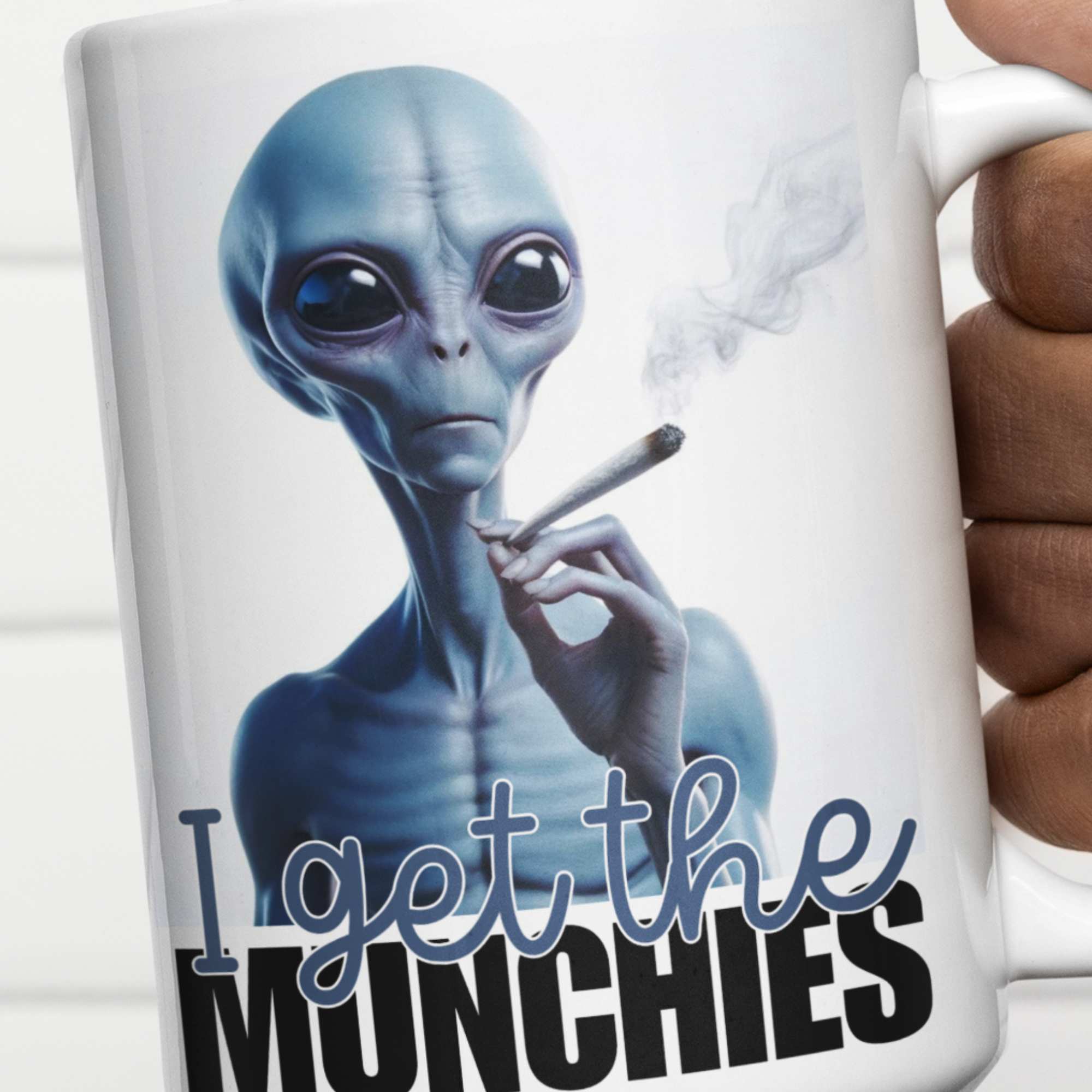 I Get the Munchies Stoner Blue Alien Mug - Funny Alien Smoking Mug, Quirky Coffee Cup, Hilarious Tea Mug, Humorous Weed Coaster