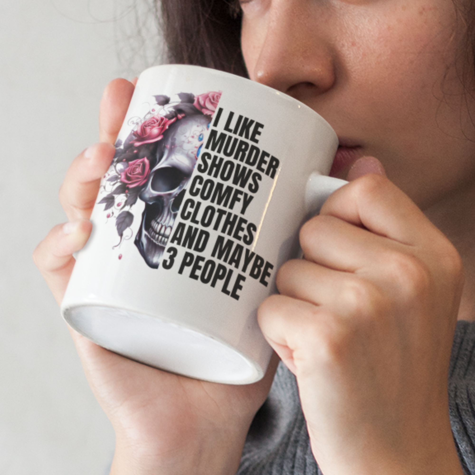 Murder shows and comfy clothes skull and roses documentary mug