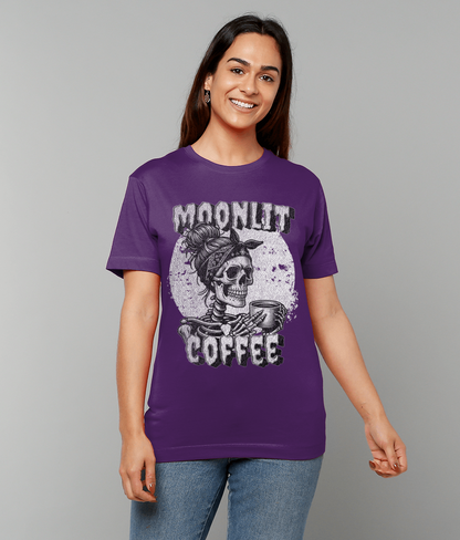 Moonlit Coffee Skeleton T-Shirt | Spooky Coffee Lover Tee | Gothic Women's Shirt | Halloween Gift | Unisex Sizes S-5XL | Quirky Skull Fashion