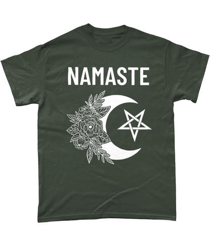 Namaste Cotton T-Shirt Pagan Clothing with moon, flowers and pentagram