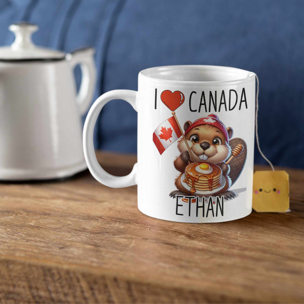 Personalised I love Canada Beaver Mug with Maple Syrup Stack – Custom Name Gift, Canadian Souvenir, Cute Beaver Lover Present