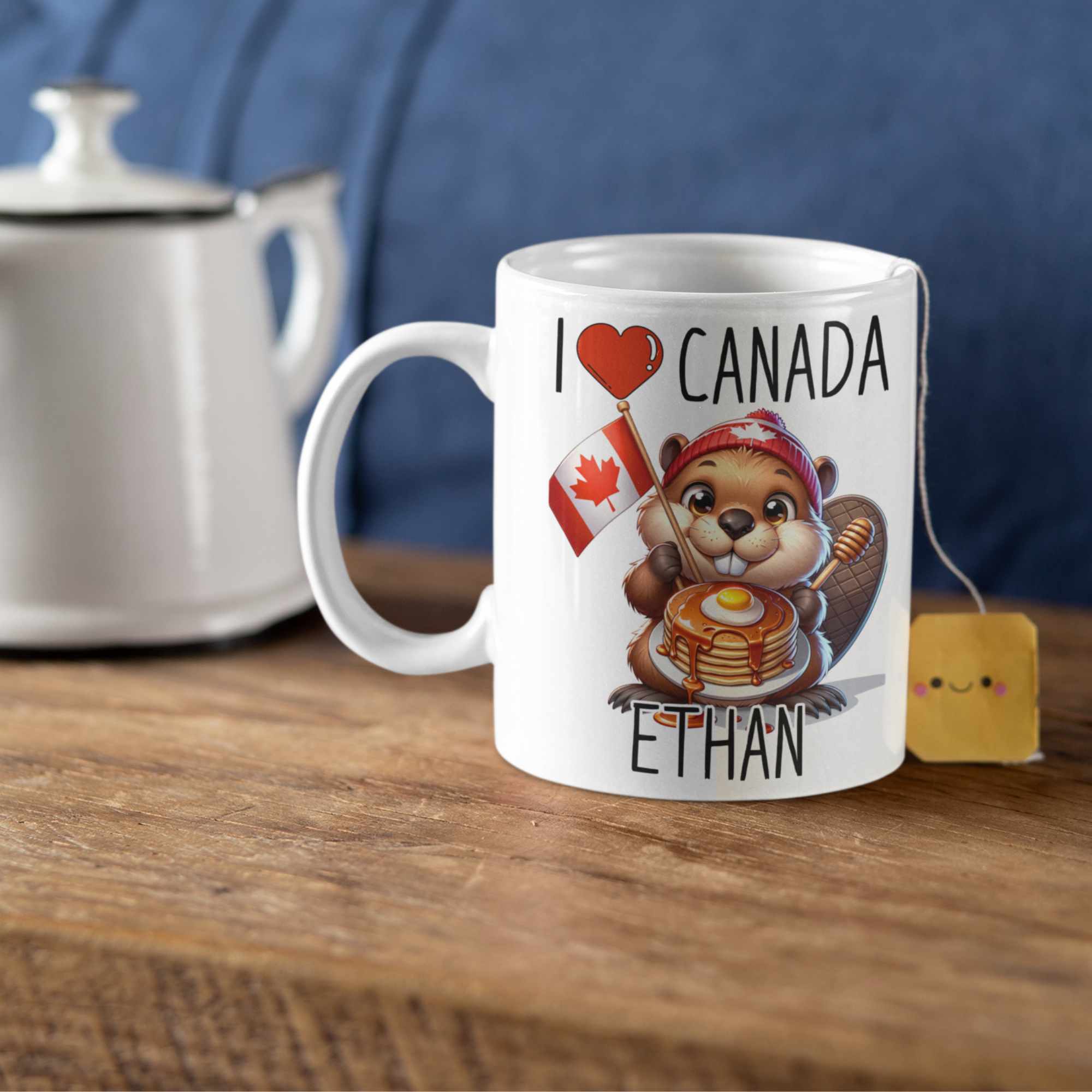 Personalised I love Canada Beaver Mug with Maple Syrup Stack – Custom Name Gift, Canadian Souvenir, Cute Beaver Lover Present