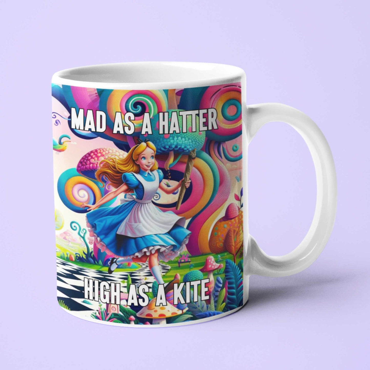 Personalised Mad as a Hatter, High as a Kite Mug - Stoner Novelty Gift, Funny Cannabis Mug, Alice's Adventures in Wonderland Gift for Him or Her
