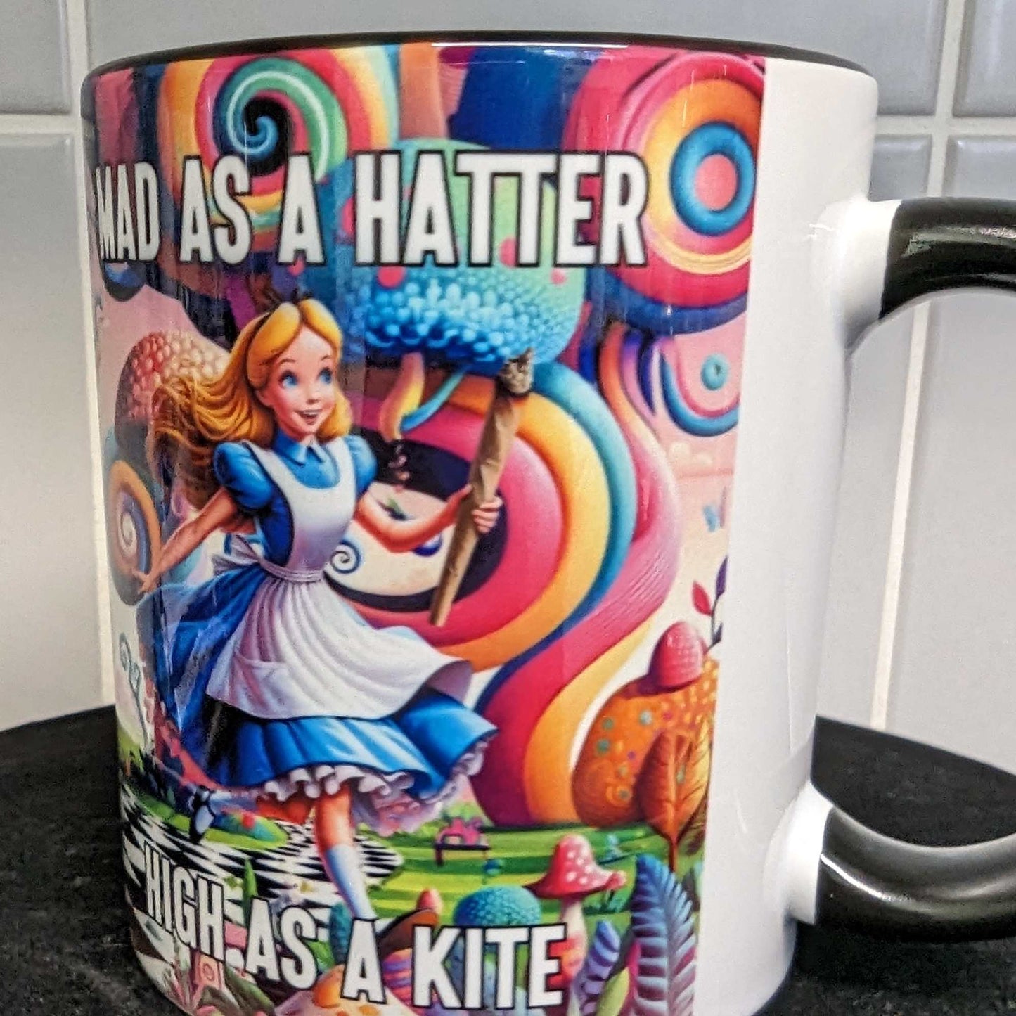 Personalised Mad as a Hatter, High as a Kite Mug - Stoner Novelty Gift, Funny Cannabis Mug, Alice's Adventures in Wonderland Gift for Him or Her