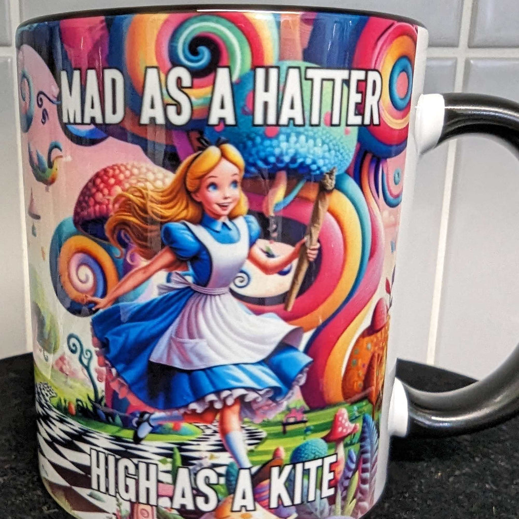 Personalised Mad as a Hatter, High as a Kite Mug - Stoner Novelty Gift, Funny Cannabis Mug, Alice's Adventures in Wonderland Gift for Him or Her