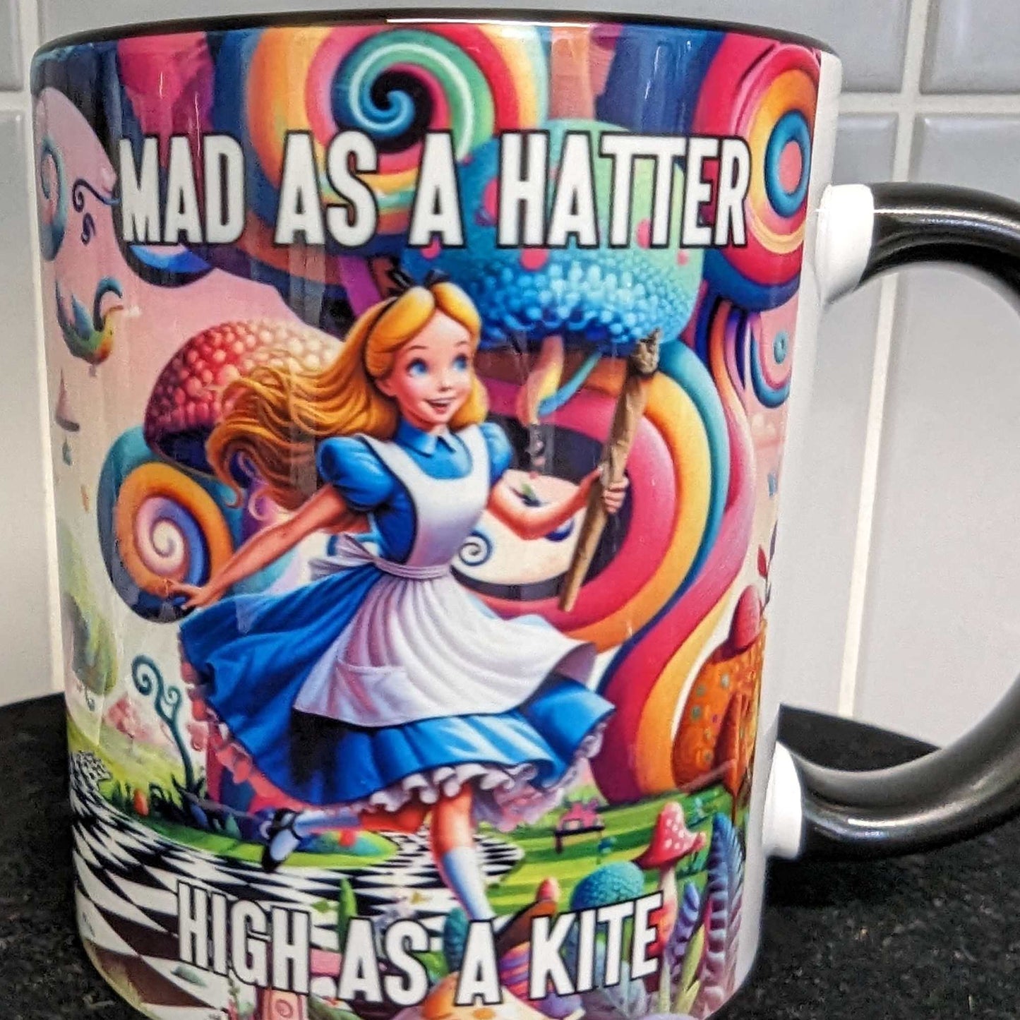 Personalised Mad as a Hatter, High as a Kite Mug - Stoner Novelty Gift, Funny Cannabis Mug, Alice's Adventures in Wonderland Gift for Him or Her