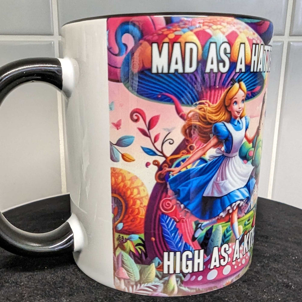 Personalised Mad as a Hatter, High as a Kite Mug - Stoner Novelty Gift, Funny Cannabis Mug, Alice's Adventures in Wonderland Gift for Him or Her