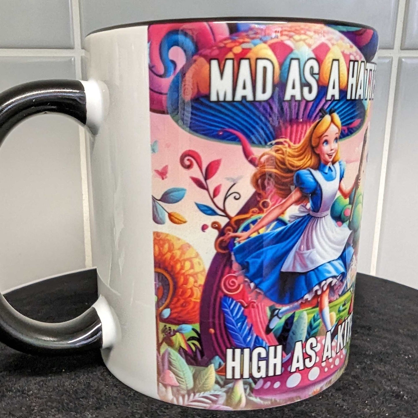 Personalised Mad as a Hatter, High as a Kite Mug - Stoner Novelty Gift, Funny Cannabis Mug, Alice's Adventures in Wonderland Gift for Him or Her