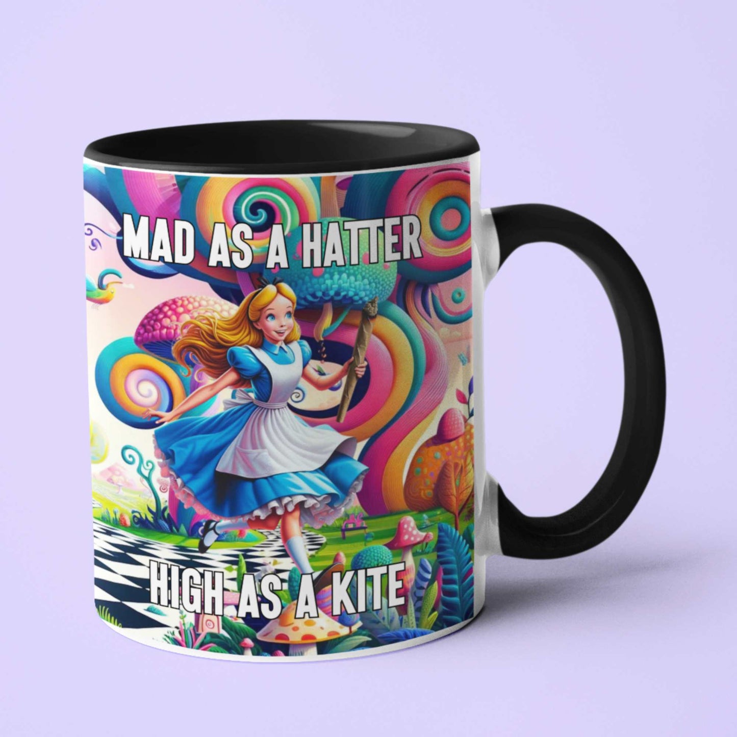 Personalised Mad as a Hatter, High as a Kite Mug - Stoner Novelty Gift, Funny Cannabis Mug, Alice's Adventures in Wonderland Gift for Him or Her