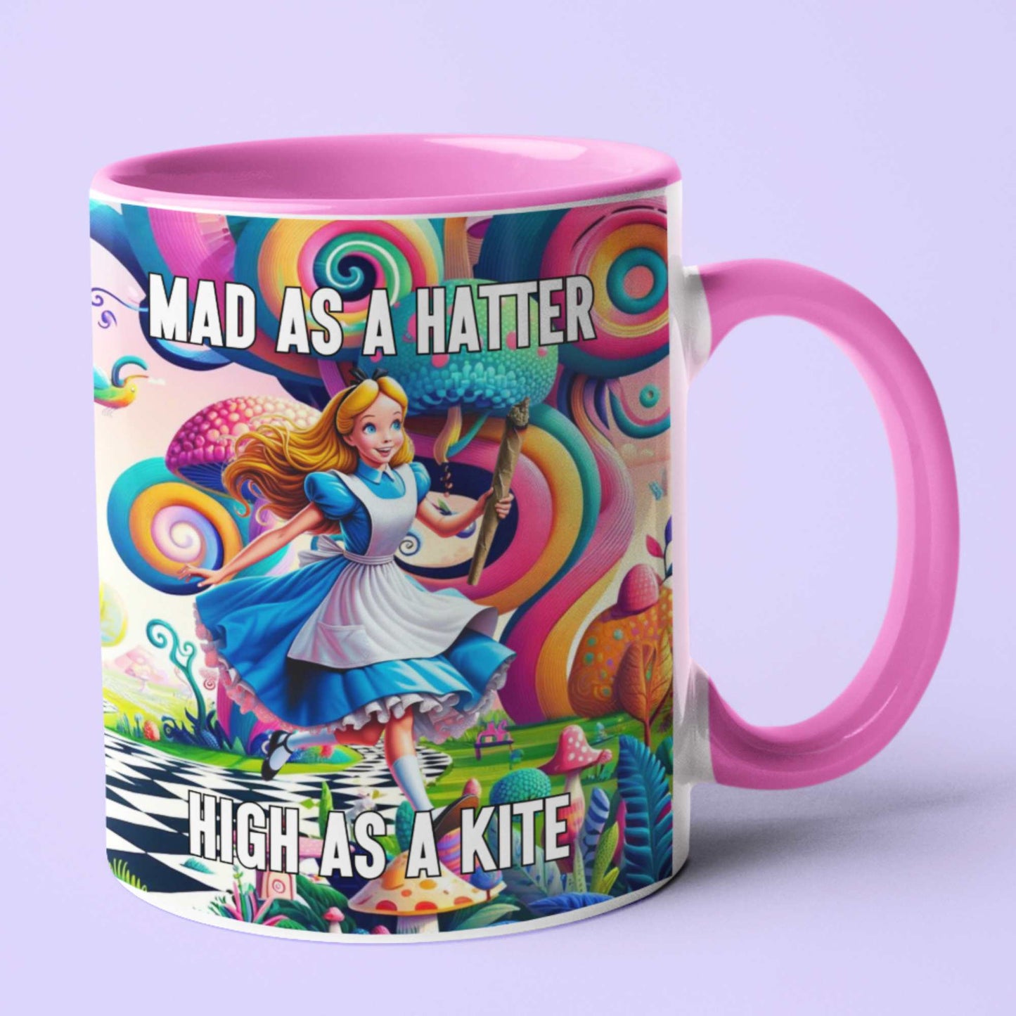 Personalised Mad as a Hatter, High as a Kite Mug - Stoner Novelty Gift, Funny Cannabis Mug, Alice's Adventures in Wonderland Gift for Him or Her