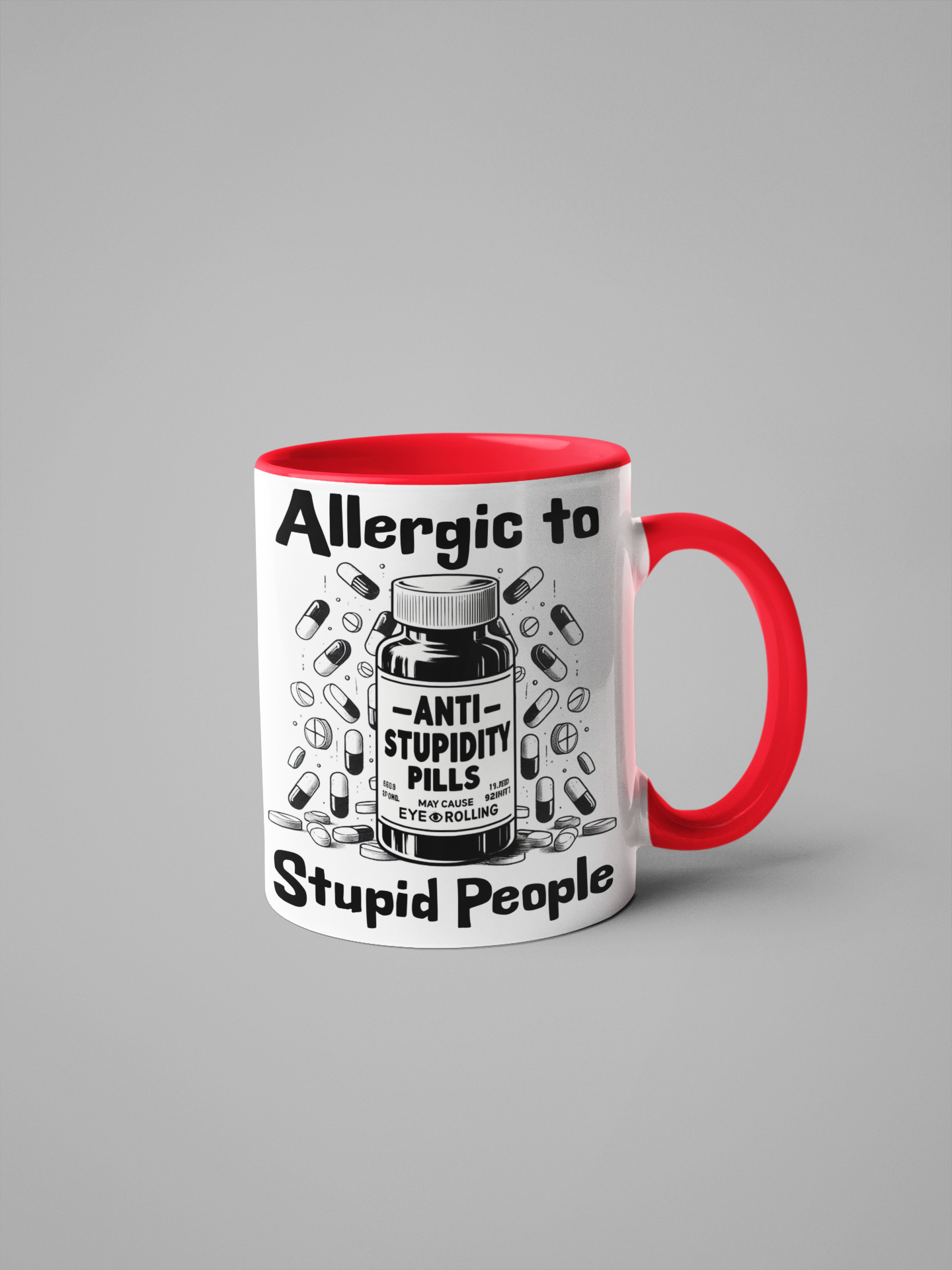 11oz ceramic mug with a striking red handle and interior. The perfect "Allergic to Stupid People" mug for sarcastic humour.