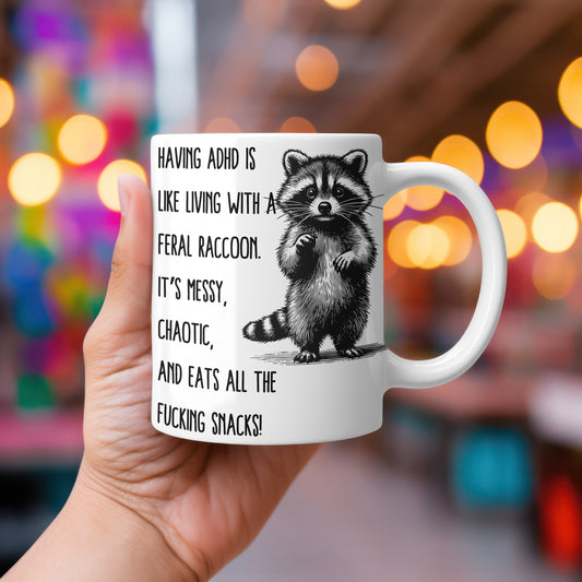 Funny Raccoon Mug ADHD Awareness Coffee Cup Gift for Friends Family and Coworkers