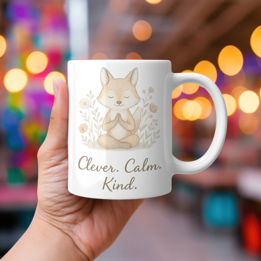 Clever. Calm. Kind. – Mindful Fox Mug, Tumbler or Coaster | Gentle Gift of Encouragement for Women | Self-Care, Wellness, Mental Health Support