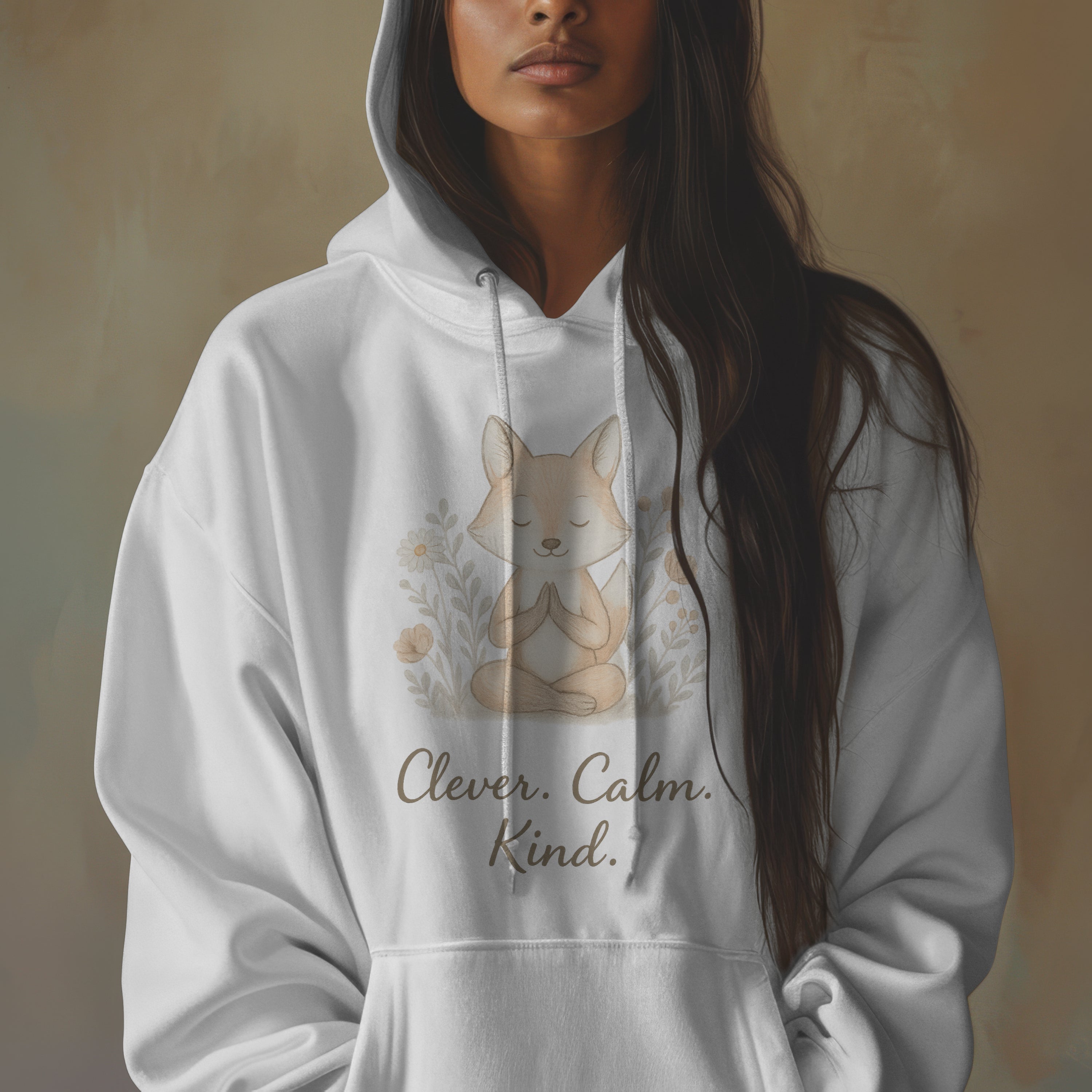 Clever. Calm. Kind. – Meditating Fox Hoodie | Mindfulness Gift for Women | Self-Care Jumper | Wellness Hoodie | Cosy Mental Health Support