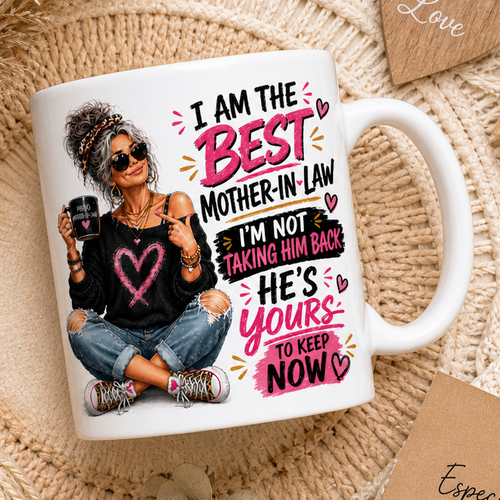 Mug with a design of a woman and text, surrounded by mother in-law decorative elements on a textured surface.