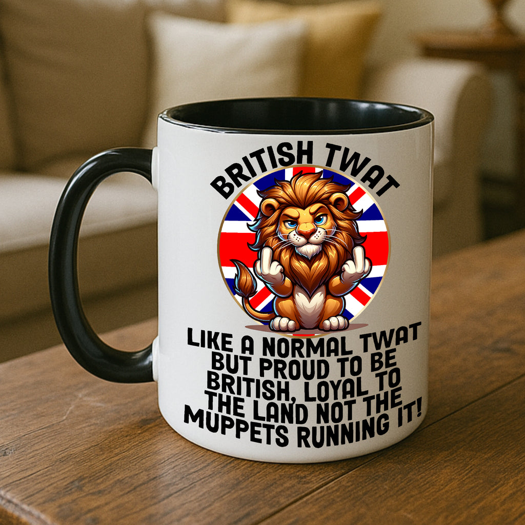 British patriot novelty large coffee mug with lion and Union Jack, funny gift idea for UK men and women, big tea mug showing British pride and humour. 15oz white mug with black inside and black handle.