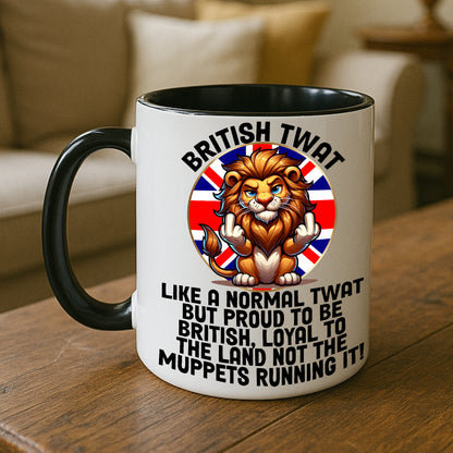 British patriot novelty large coffee mug with lion and Union Jack, funny gift idea for UK men and women, big tea mug showing British pride and humour. 15oz white mug with black inside and black handle.